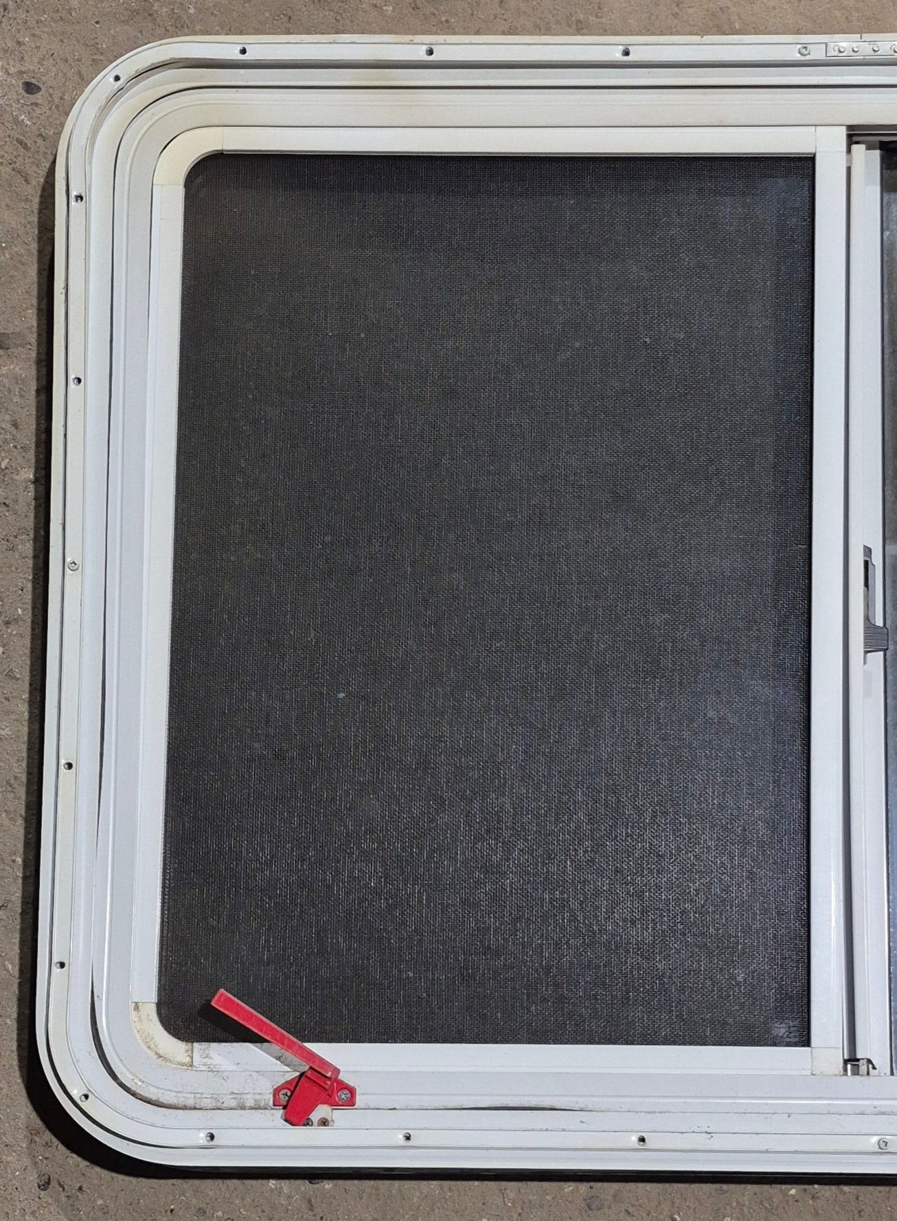 Used White Radius Emergency Opening Window : 41 1/4" W x 28 1/2" H x 2" D - Young Farts RV Parts
