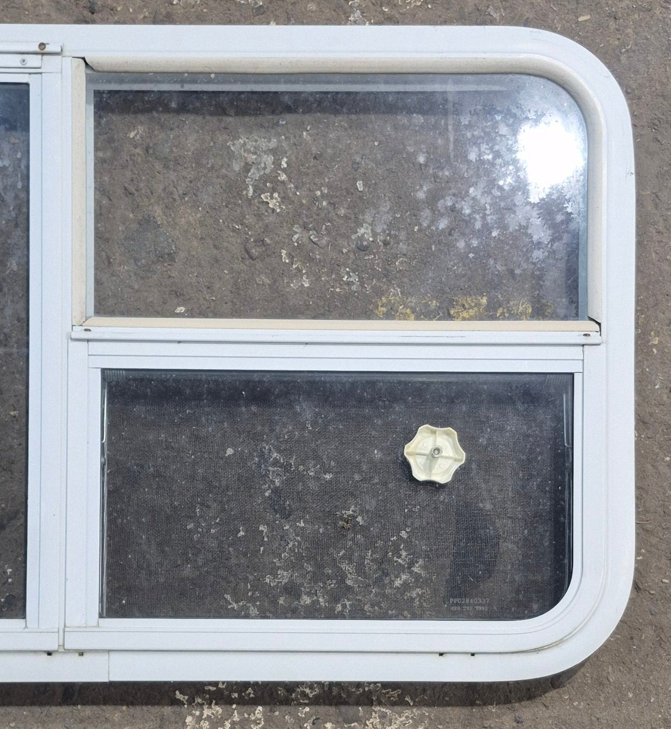 Used White Radius Emergency Opening Window : 45 1/2" W x 21 1/4" H x 1 7/8" D - Young Farts RV Parts