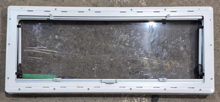 Used White Radius Emergency Opening Window : 46 5/8" W x 18 3/4" H x 1 1/8" D - Young Farts RV Parts