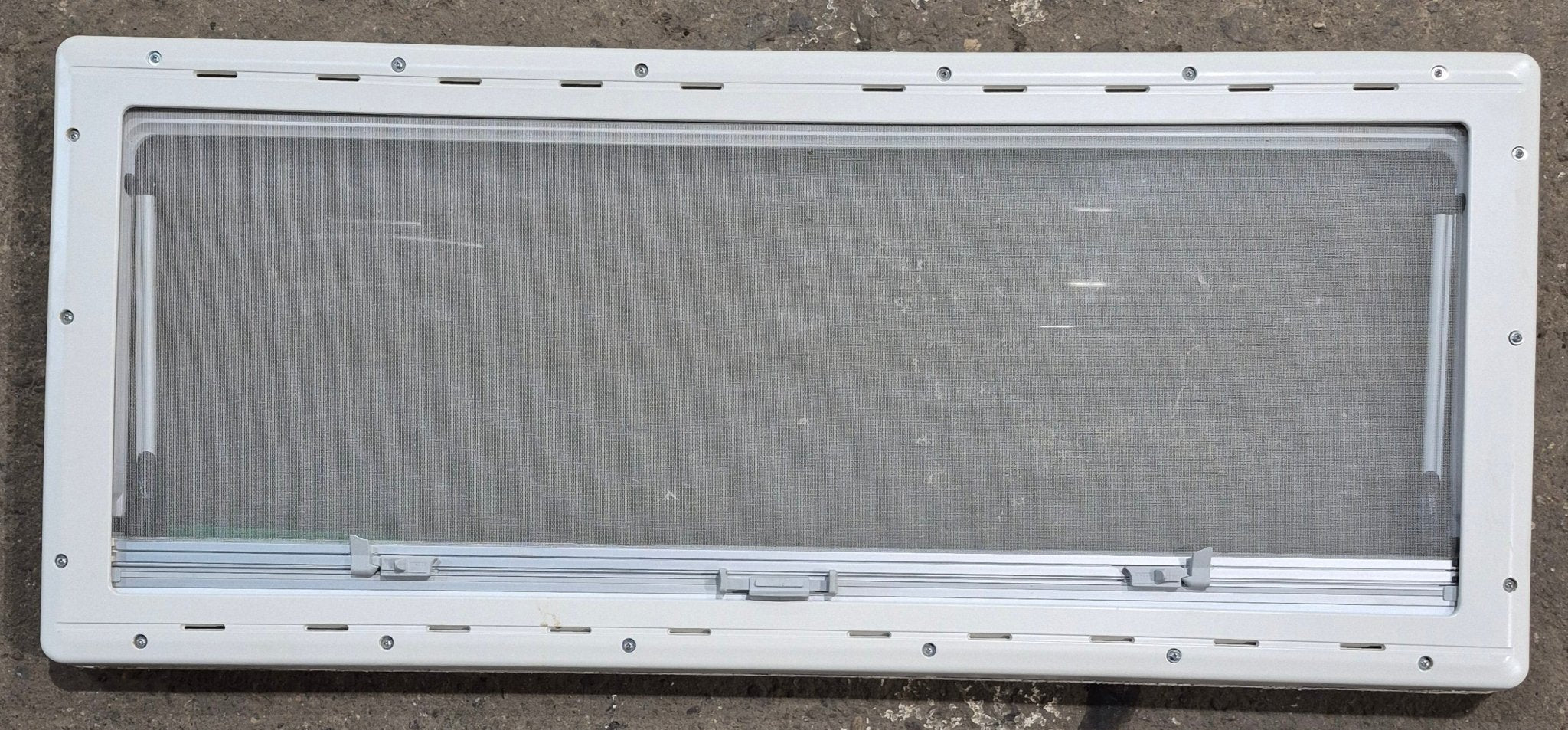 Used White Radius Emergency Opening Window : 46 5/8" W x 18 3/4" H x 1 1/8" D - Young Farts RV Parts