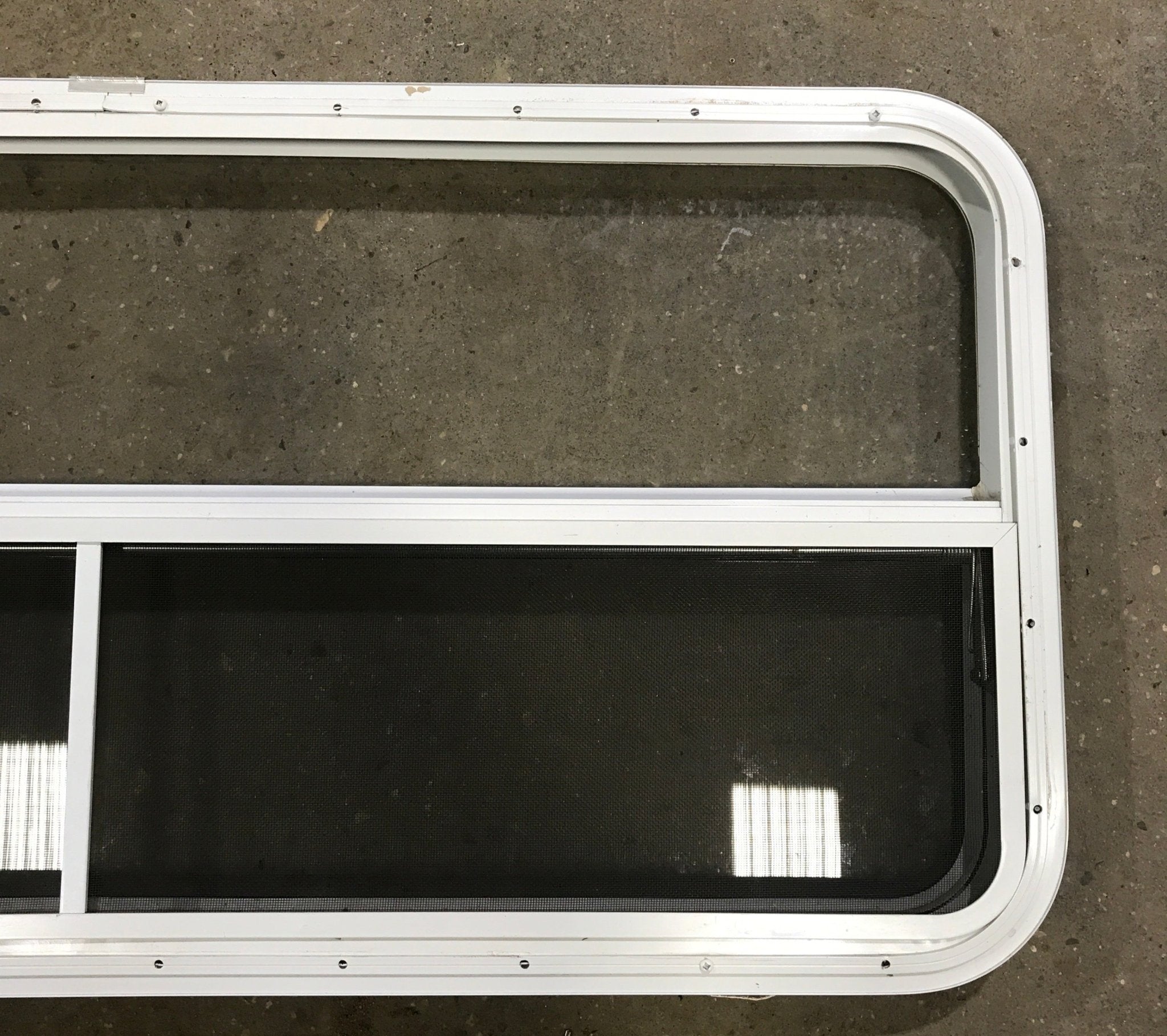Used White Radius Emergency Opening Window : 47 1/2" W x 21 1/2" H x 1 1/2" D - Young Farts RV Parts