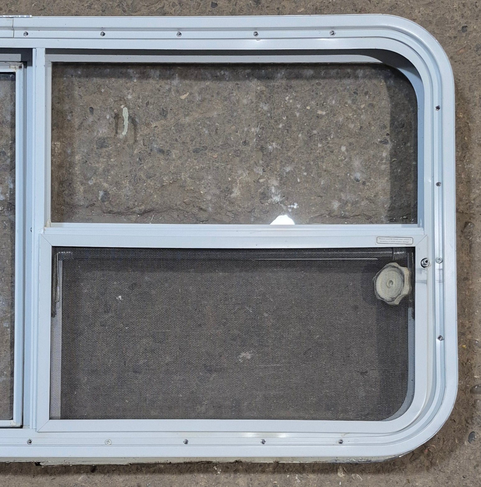 Used White Radius Emergency Opening Window : 47 1/2" W x 21 1/4" H x 2" D - Young Farts RV Parts