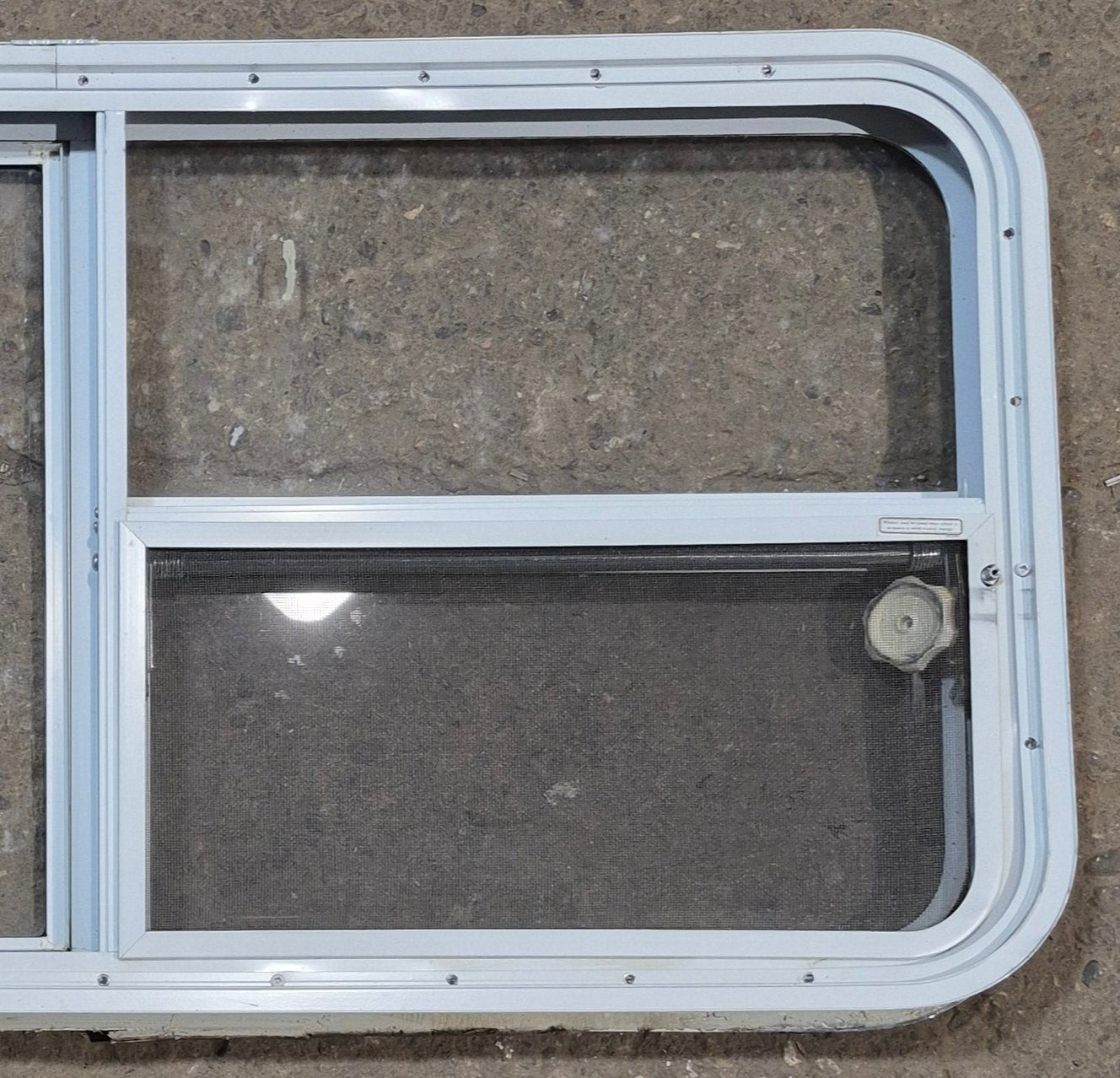 Used White Radius Emergency Opening Window : 47 1/2" W x 21 1/4" H x 2" D - Young Farts RV Parts