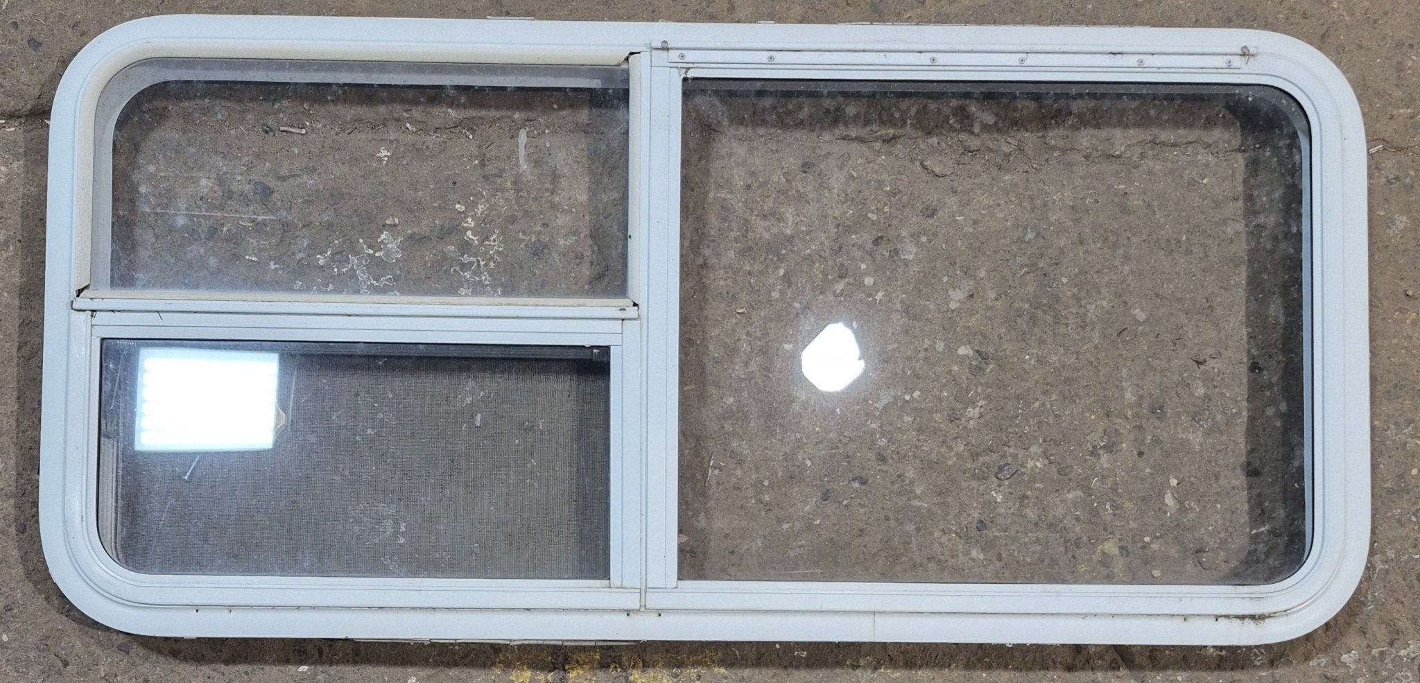 Used White Radius Emergency Opening Window : 47 1/2" W x 21 1/4" H x 2" D - Young Farts RV Parts