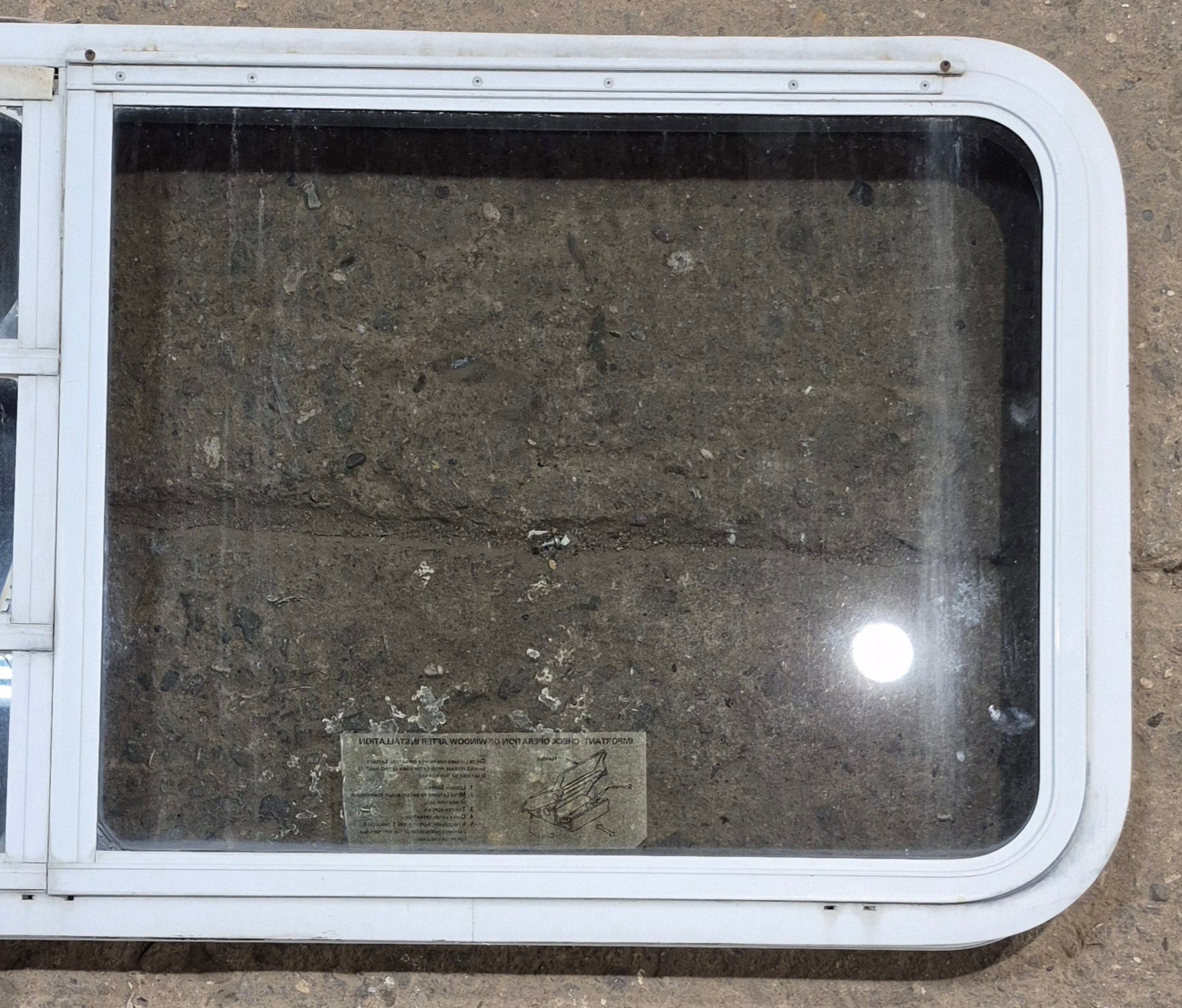 Used White Radius Emergency Opening Window : 47 1/4" W x 21 1/4" H x 1 7/8" D - Young Farts RV Parts
