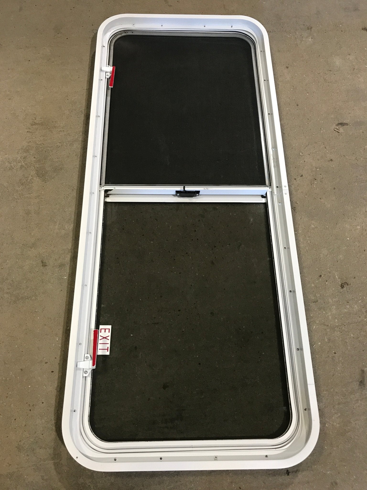 Used White Radius Emergency Opening Window : 54 1/4" W x 21 3/4" H x 2" D - Young Farts RV Parts