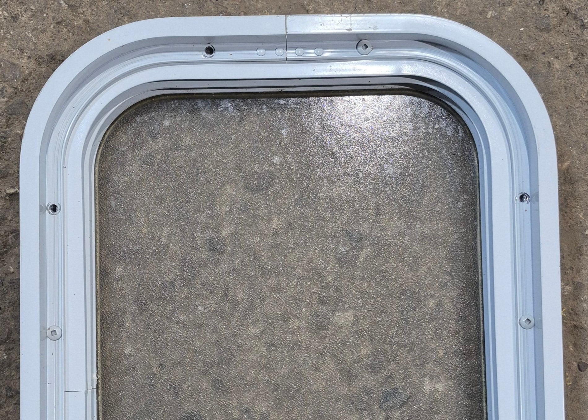 Used White Radius Non Opening Window : 12 1/2" W x 17 3/4" H x 1 3/4" D - Young Farts RV Parts