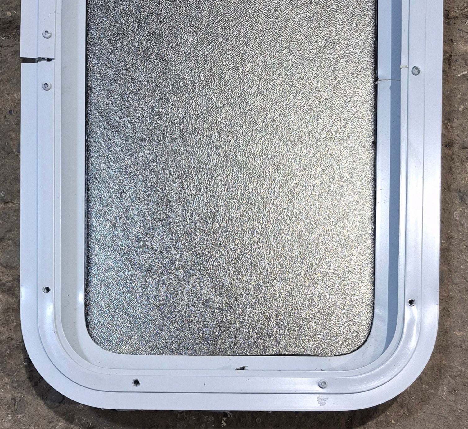 Used White Radius Non Opening Window : 13 1/2" W x 23 1/2" H x 1 7/8" D - Young Farts RV Parts