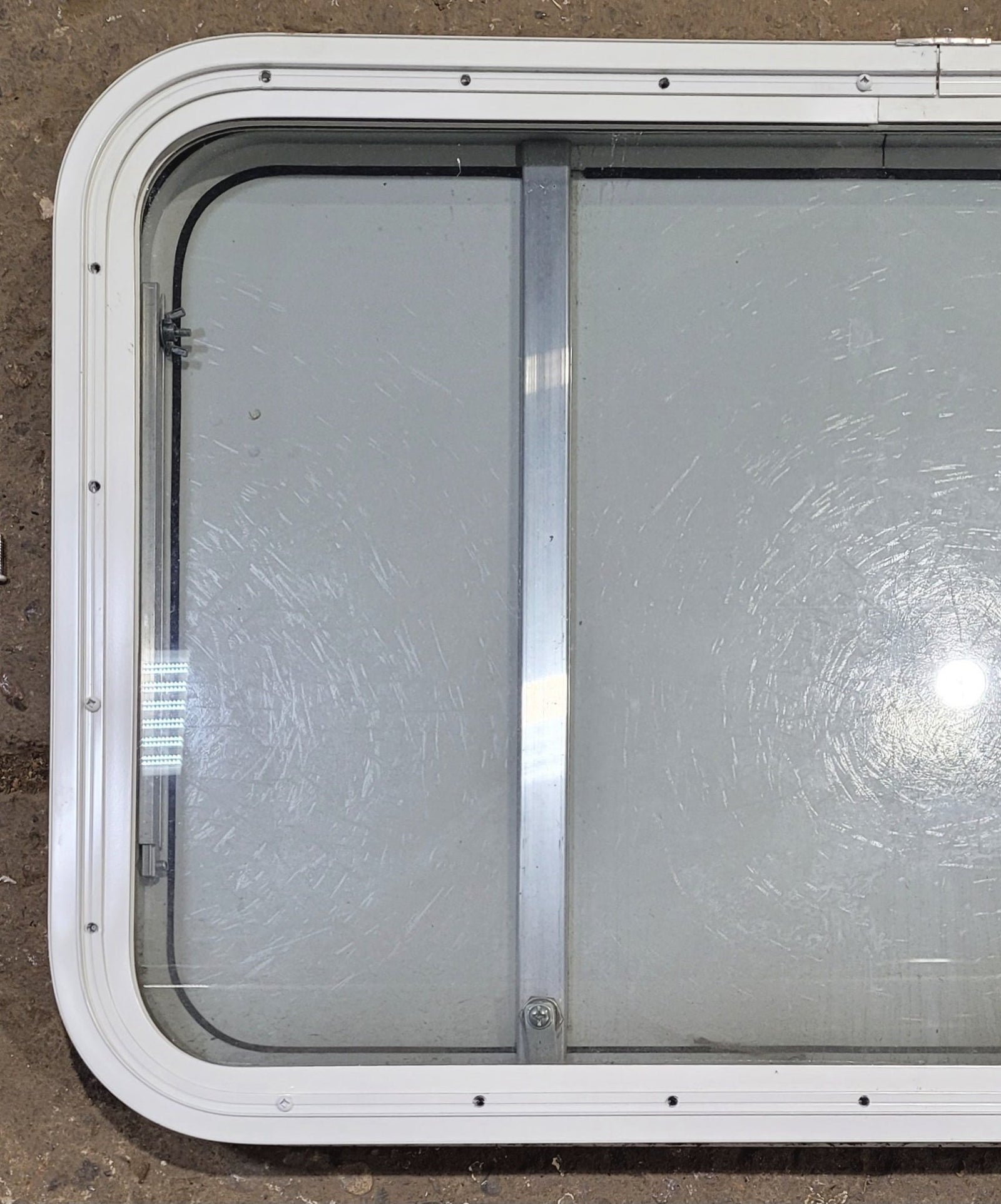 Used White Radius Non - Opening Window With Rock Guard Cover : 35 1/4