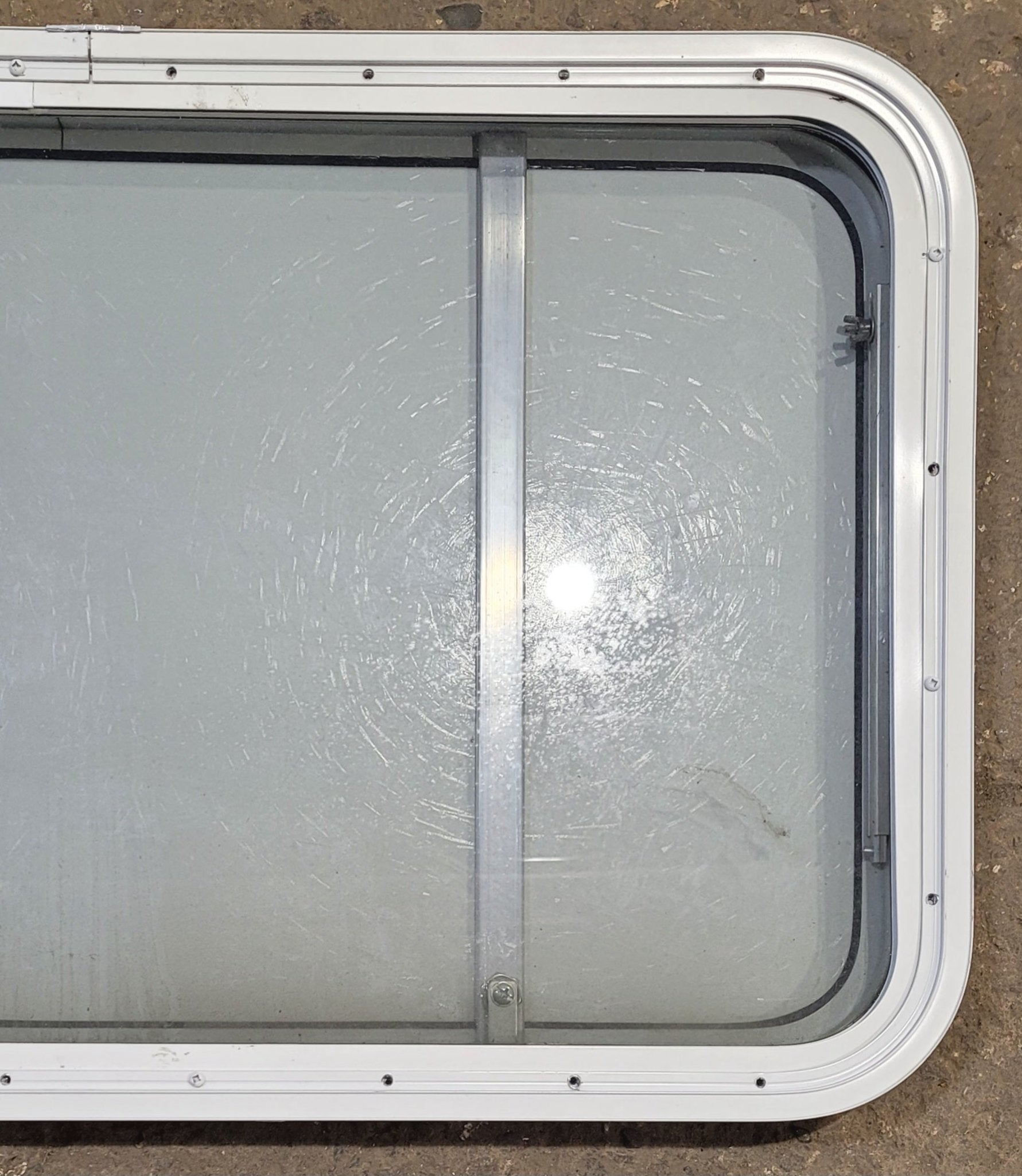 Used White Radius Non - Opening Window With Rock Guard Cover : 35 1/4" W x 21 1/4" H x 1 3/4" D - Young Farts RV Parts