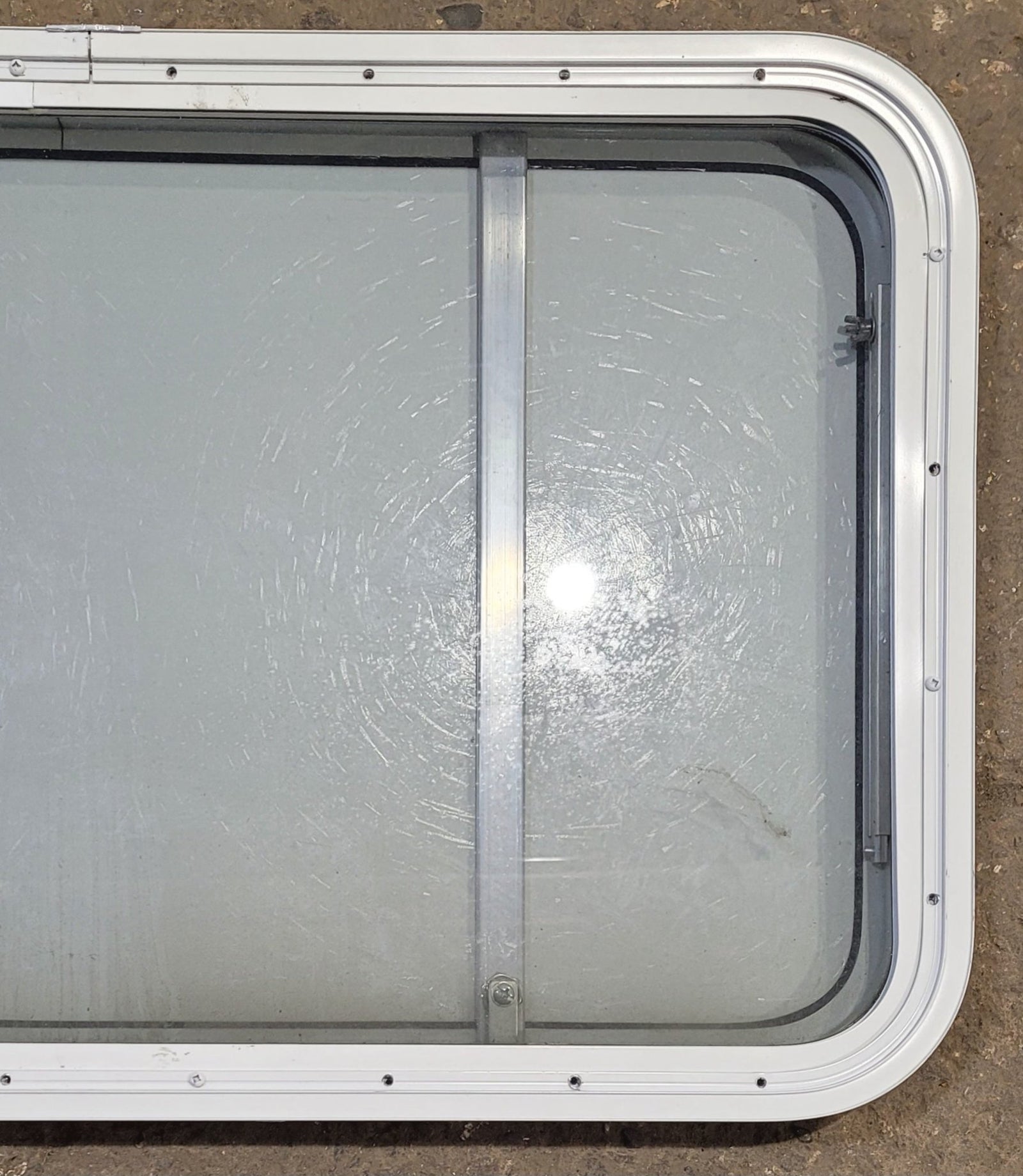 Used White Radius Non - Opening Window With Rock Guard Cover : 35 1/4