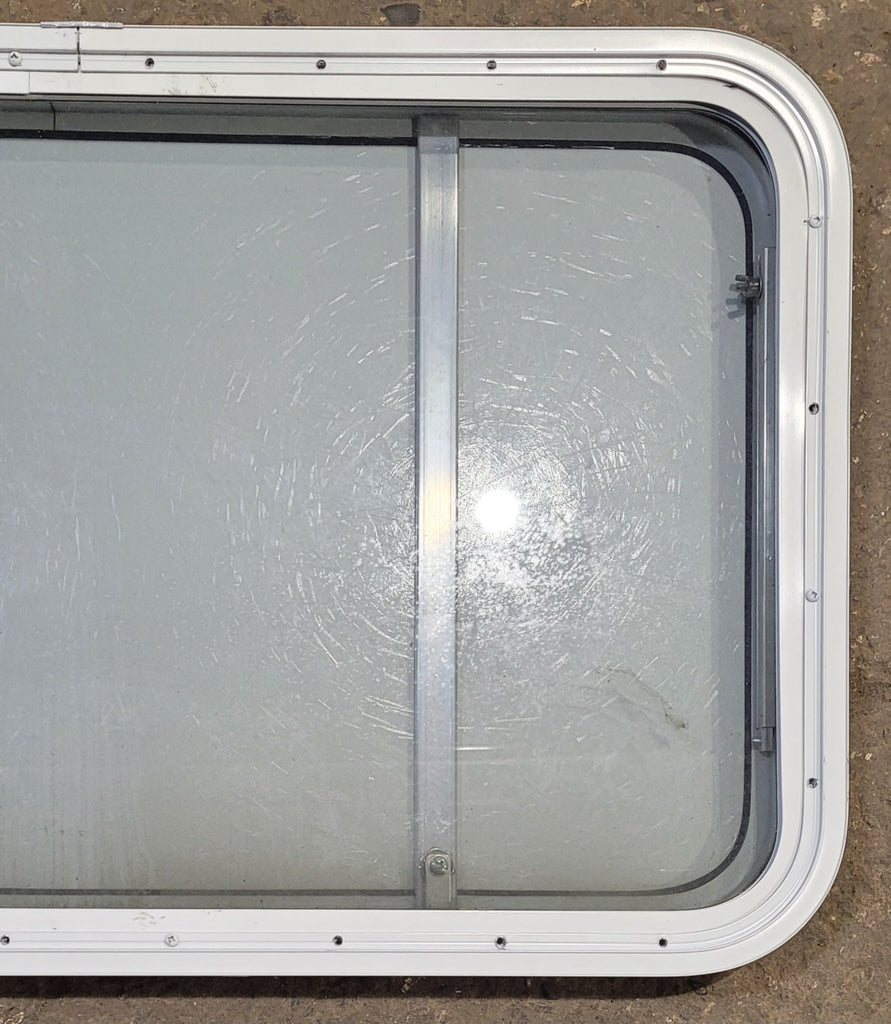 Used White Radius Non - Opening Window With Rock Guard Cover : 35 1/4" W x 21 1/4" H x 1 3/4" D - Young Farts RV Parts