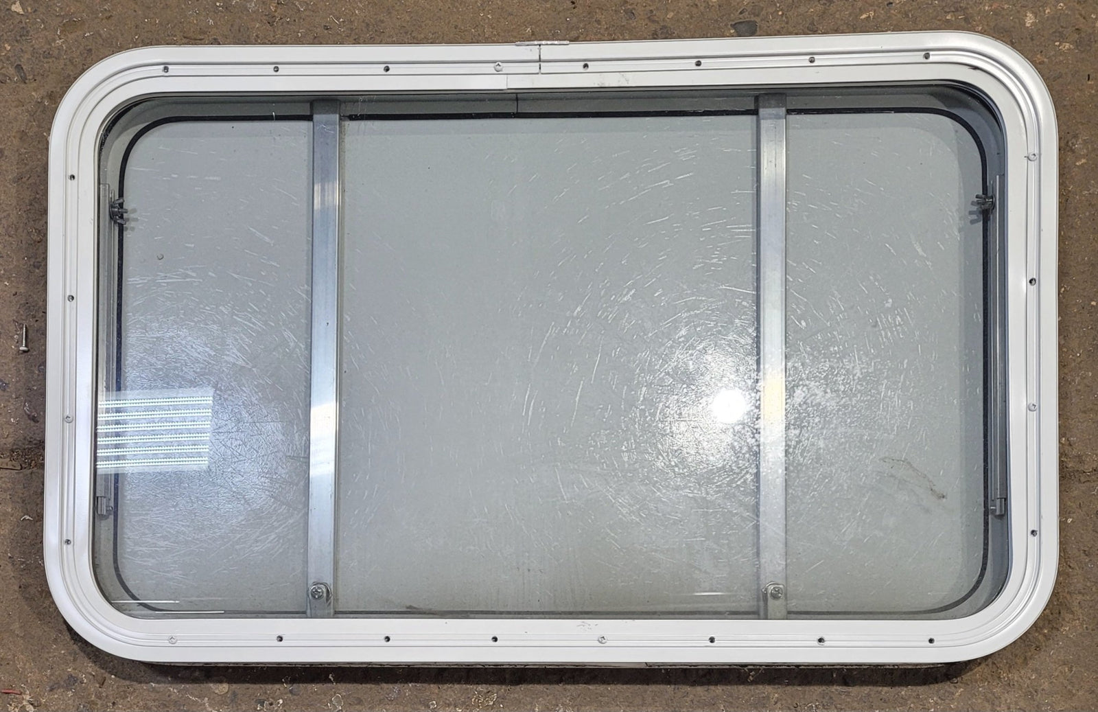 Used White Radius Non - Opening Window With Rock Guard Cover : 35 1/4