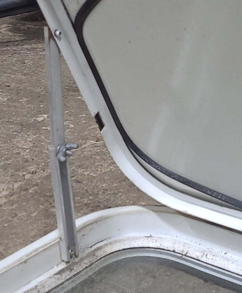 Used White Radius Non-Opening Window With Rock Guard Cover : 59 1/4" W x 14 1/4" H x 1 7/8" D - Young Farts RV Parts