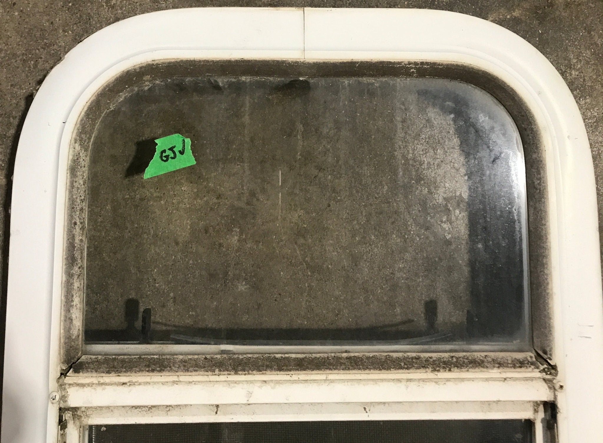 Used White Radius Opening Window : 13 1/2" W x 17 1/2" H x 1 7/8" D - Young Farts RV Parts