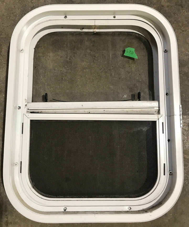 Used White Radius Opening Window : 13 1/2" W x 17 1/2" H x 1 7/8" D - Young Farts RV Parts