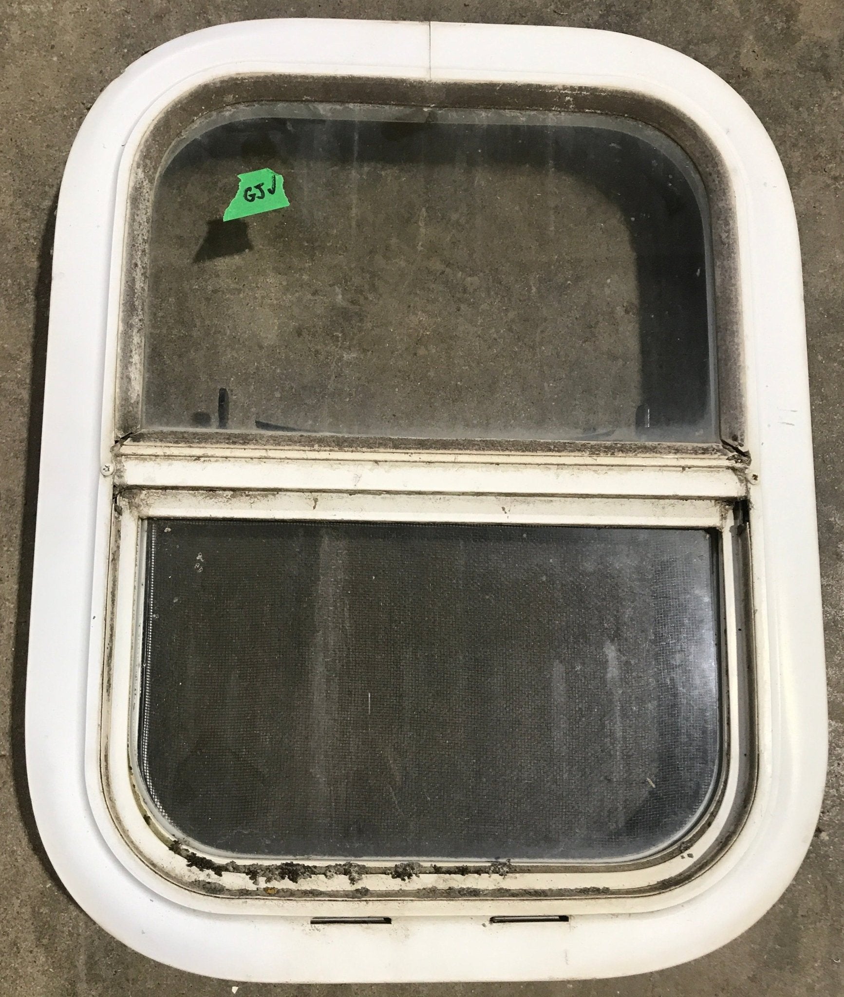 Used White Radius Opening Window : 13 1/2" W x 17 1/2" H x 1 7/8" D - Young Farts RV Parts
