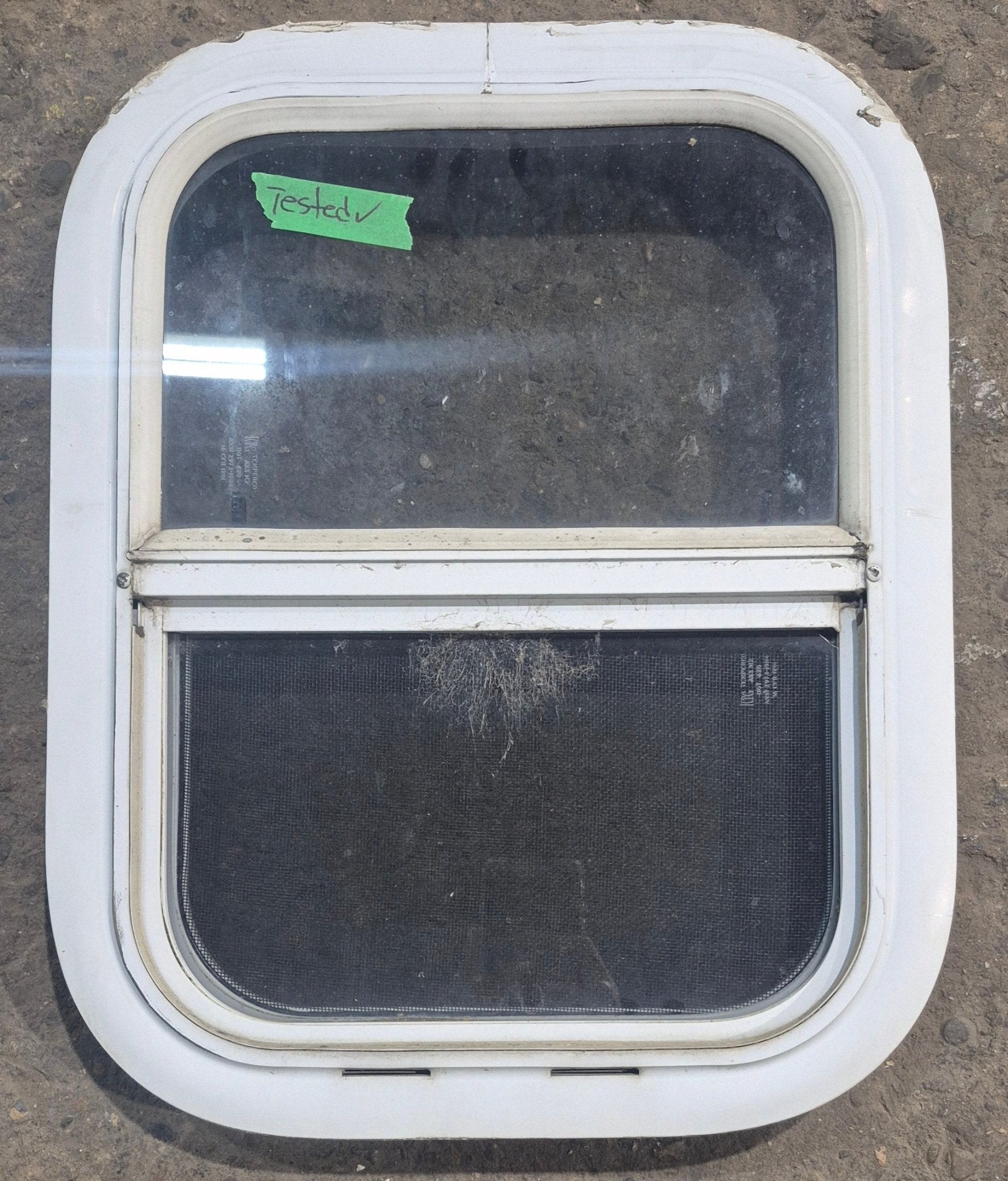Used White Radius Opening Window : 14 1/4" W x 17 1/4" H x 1 17/8" D - Young Farts RV Parts