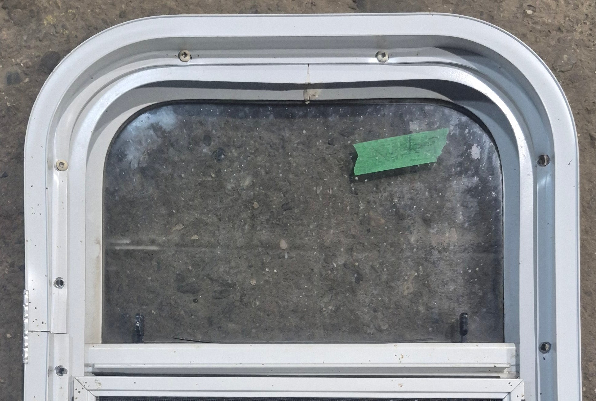 Used White Radius Opening Window : 14 1/4" W x 17 1/4" H x 1 17/8" D - Young Farts RV Parts