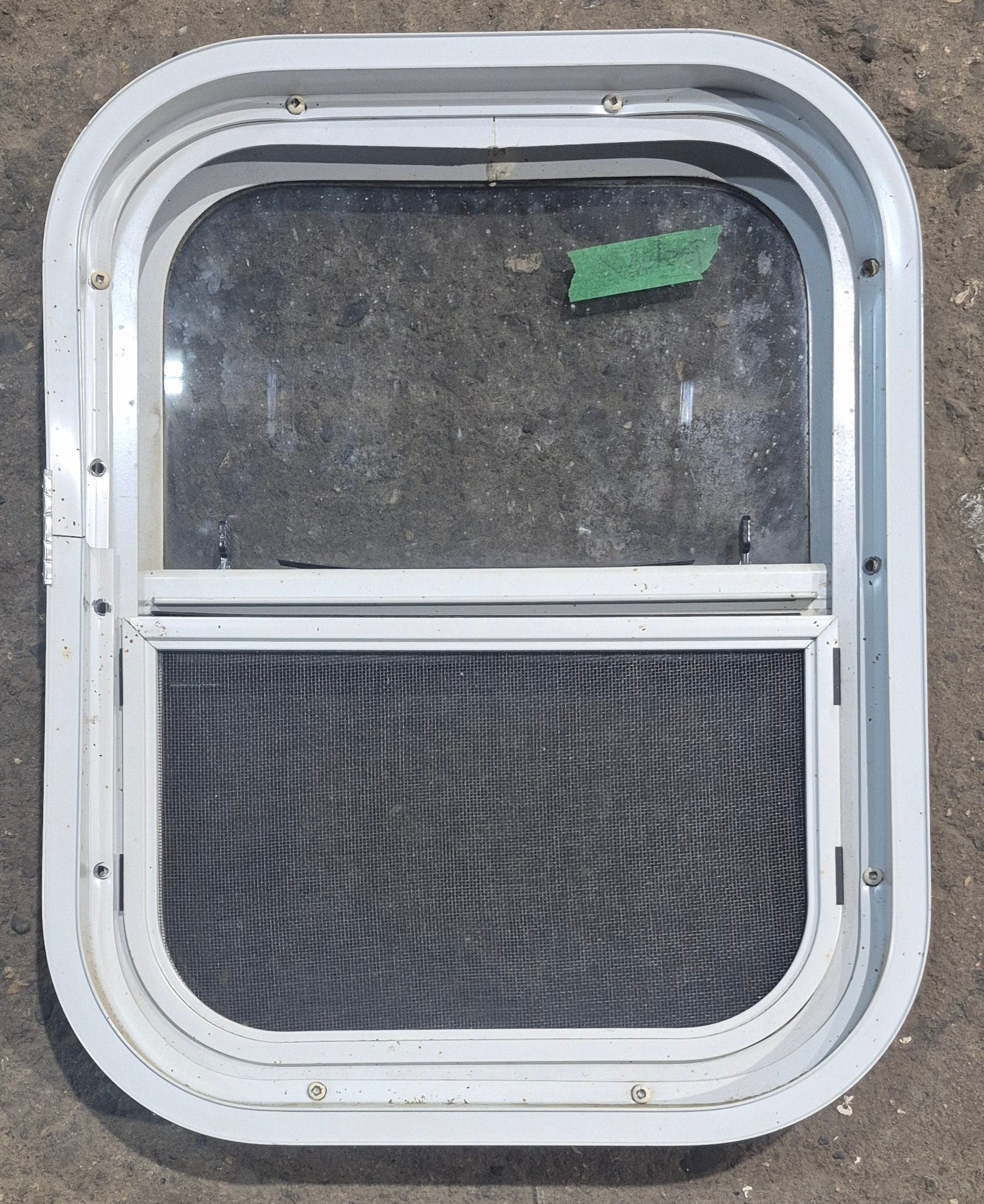 Used White Radius Opening Window : 14 1/4" W x 17 1/4" H x 1 17/8" D - Young Farts RV Parts