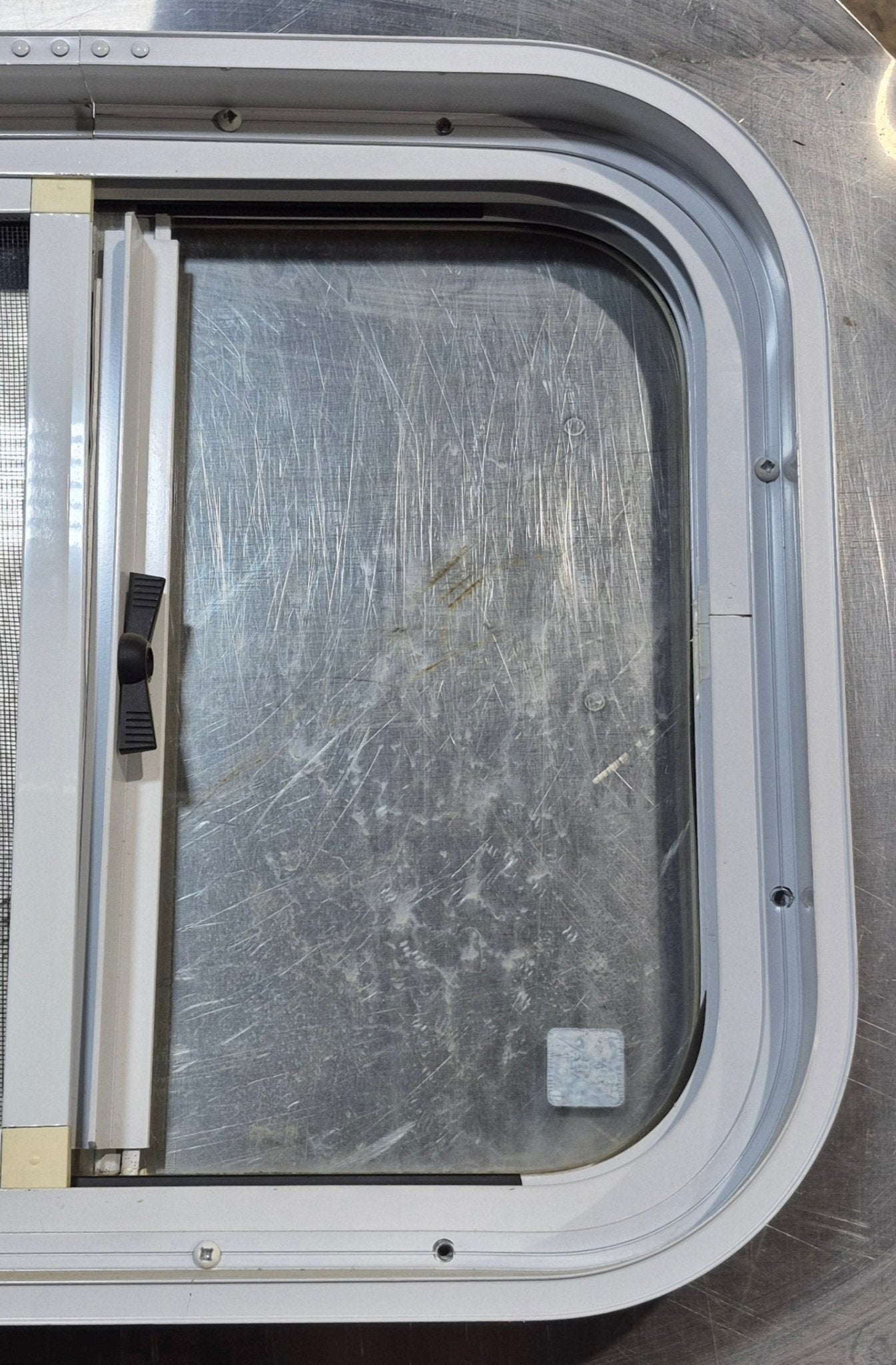 Used White Radius Opening Window : 17 1/2" W x 14 1/2" H x 1 7/8" D - Young Farts RV Parts