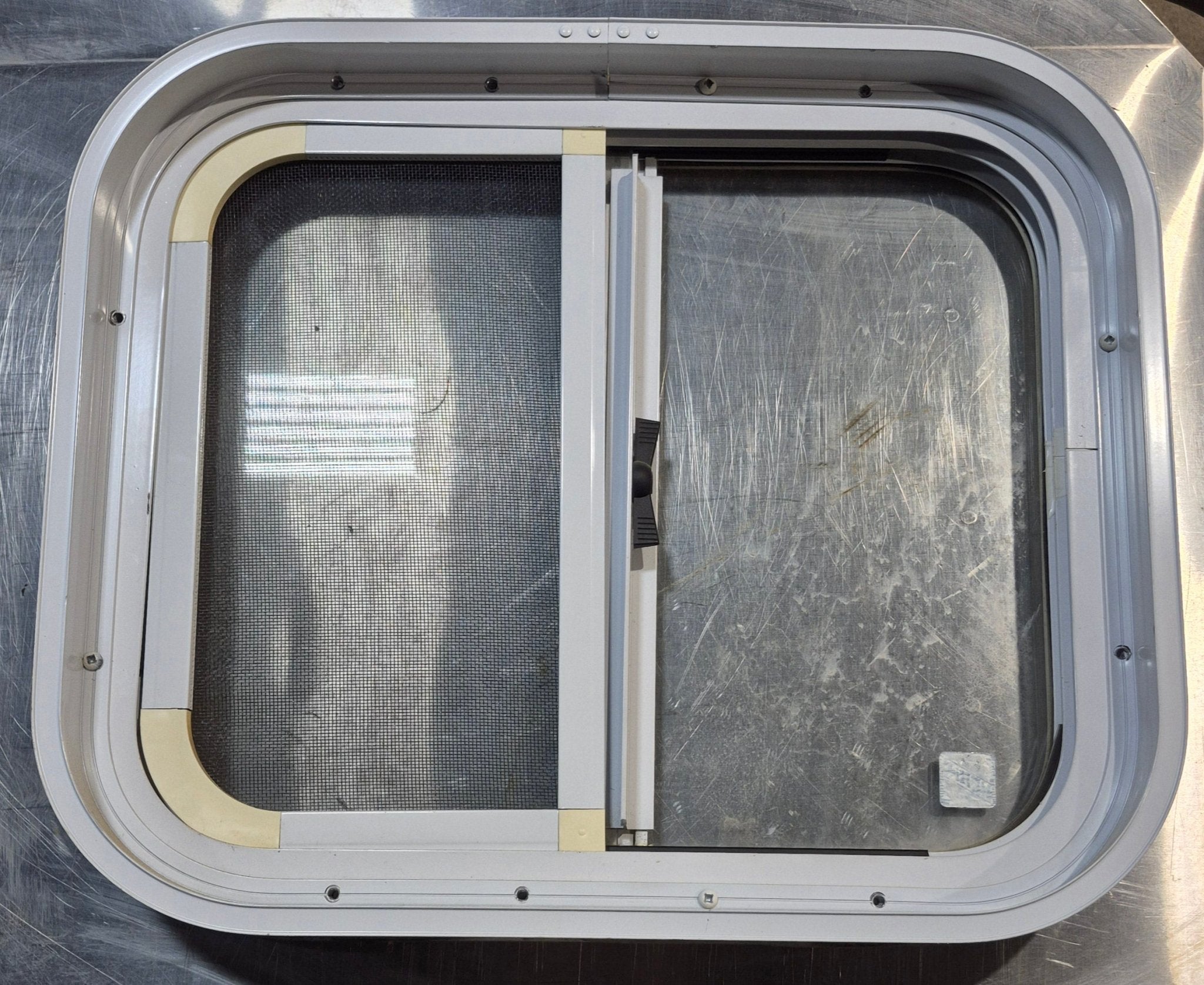 Used White Radius Opening Window : 17 1/2" W x 14 1/2" H x 1 7/8" D - Young Farts RV Parts