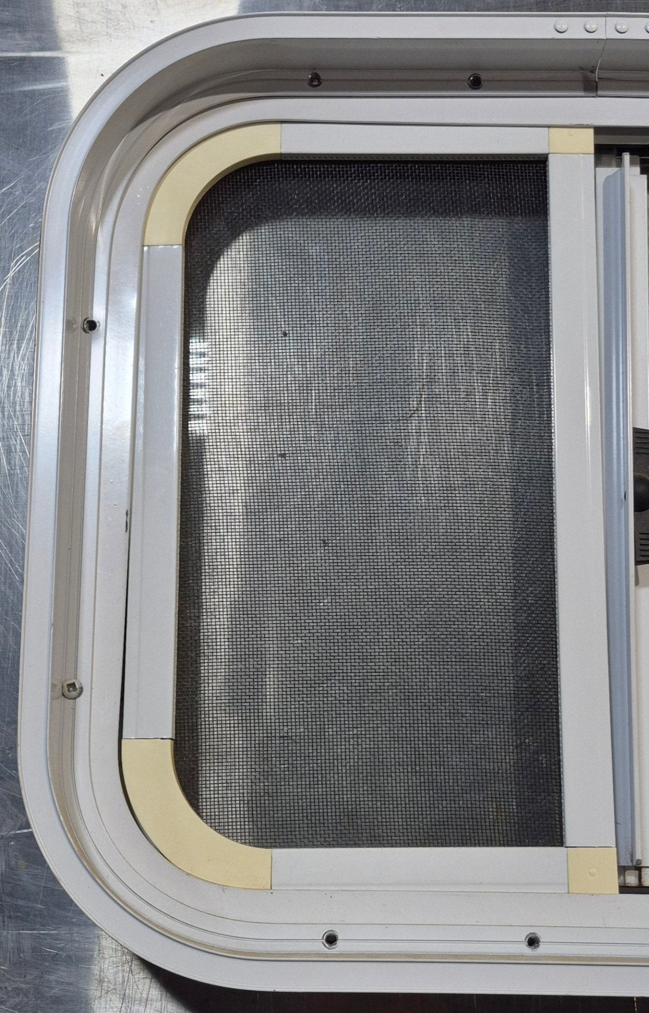 Used White Radius Opening Window : 17 1/2" W x 14 1/2" H x 1 7/8" D - Young Farts RV Parts