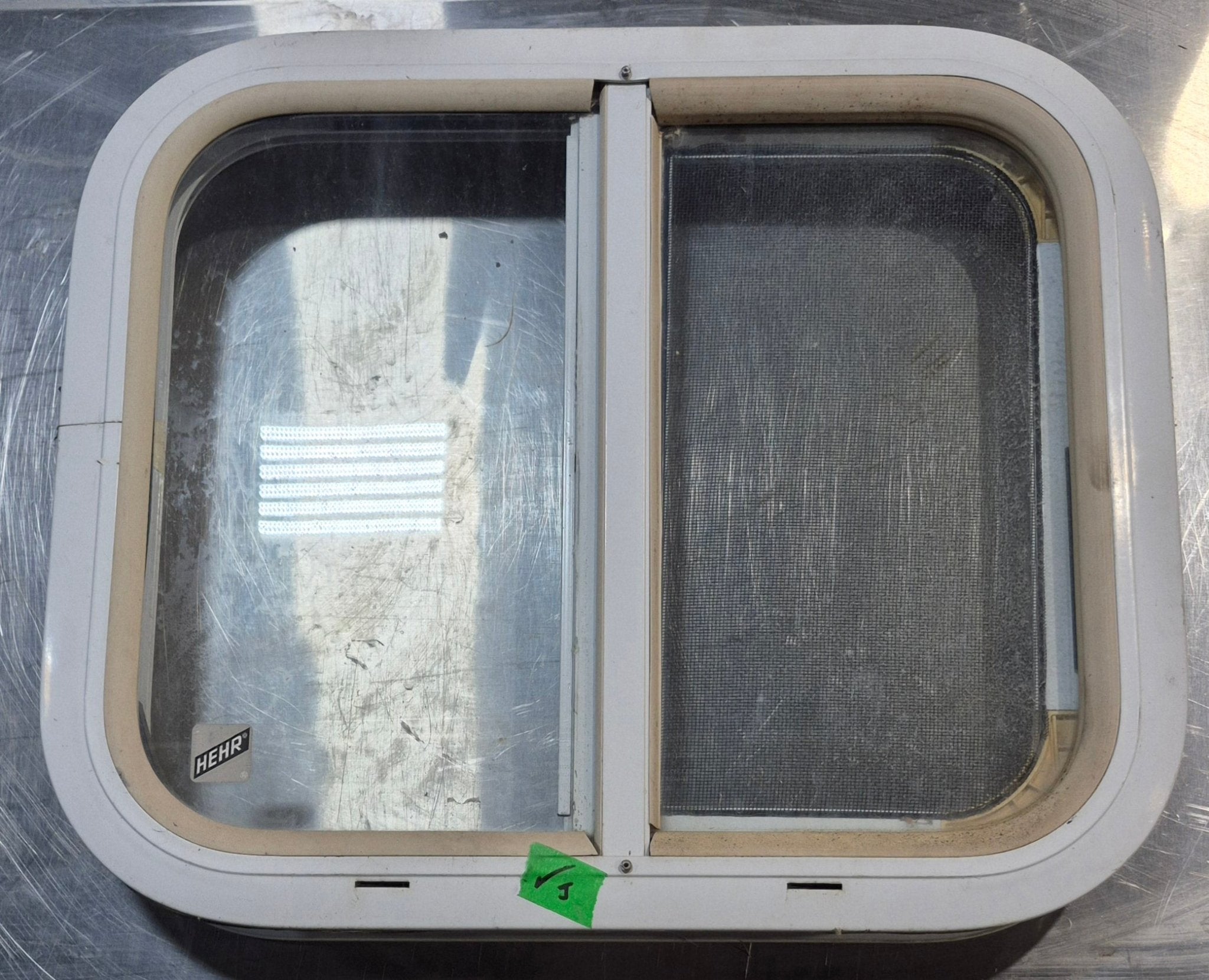 Used White Radius Opening Window : 17 1/2" W x 14 1/2" H x 1 7/8" D - Young Farts RV Parts