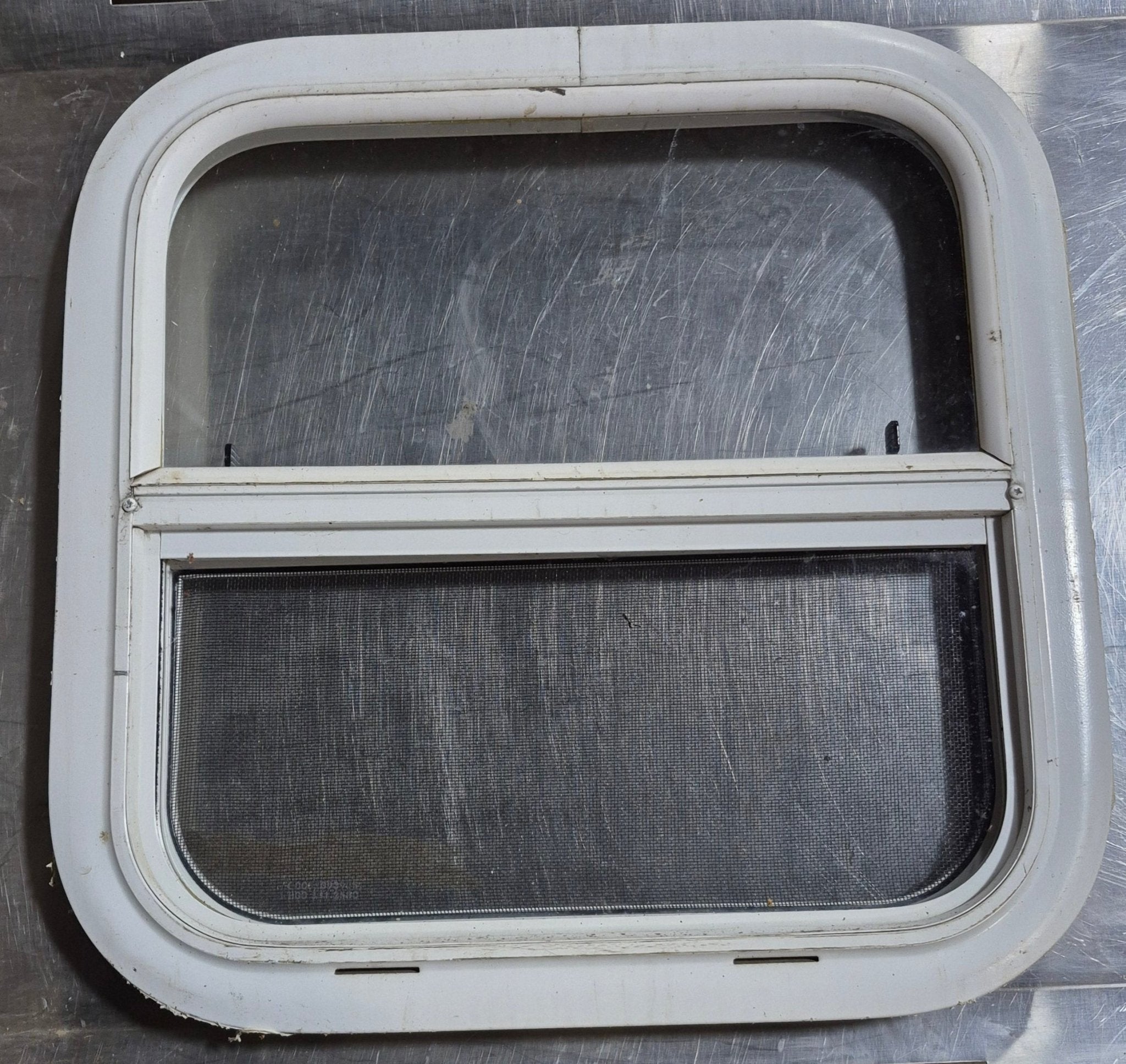 Used White Radius Opening Window : 17 1/2" W x 17 1/2" H x 1 1/8" D - Young Farts RV Parts