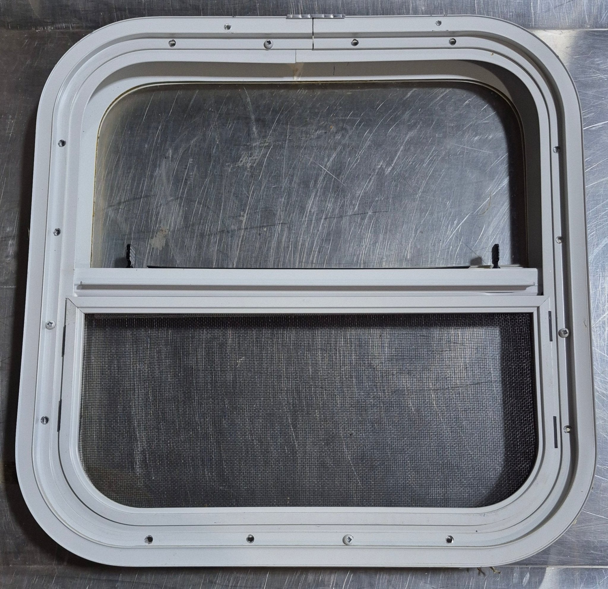 Used White Radius Opening Window : 17 1/2" W x 17 1/2" H x 1 1/8" D - Young Farts RV Parts