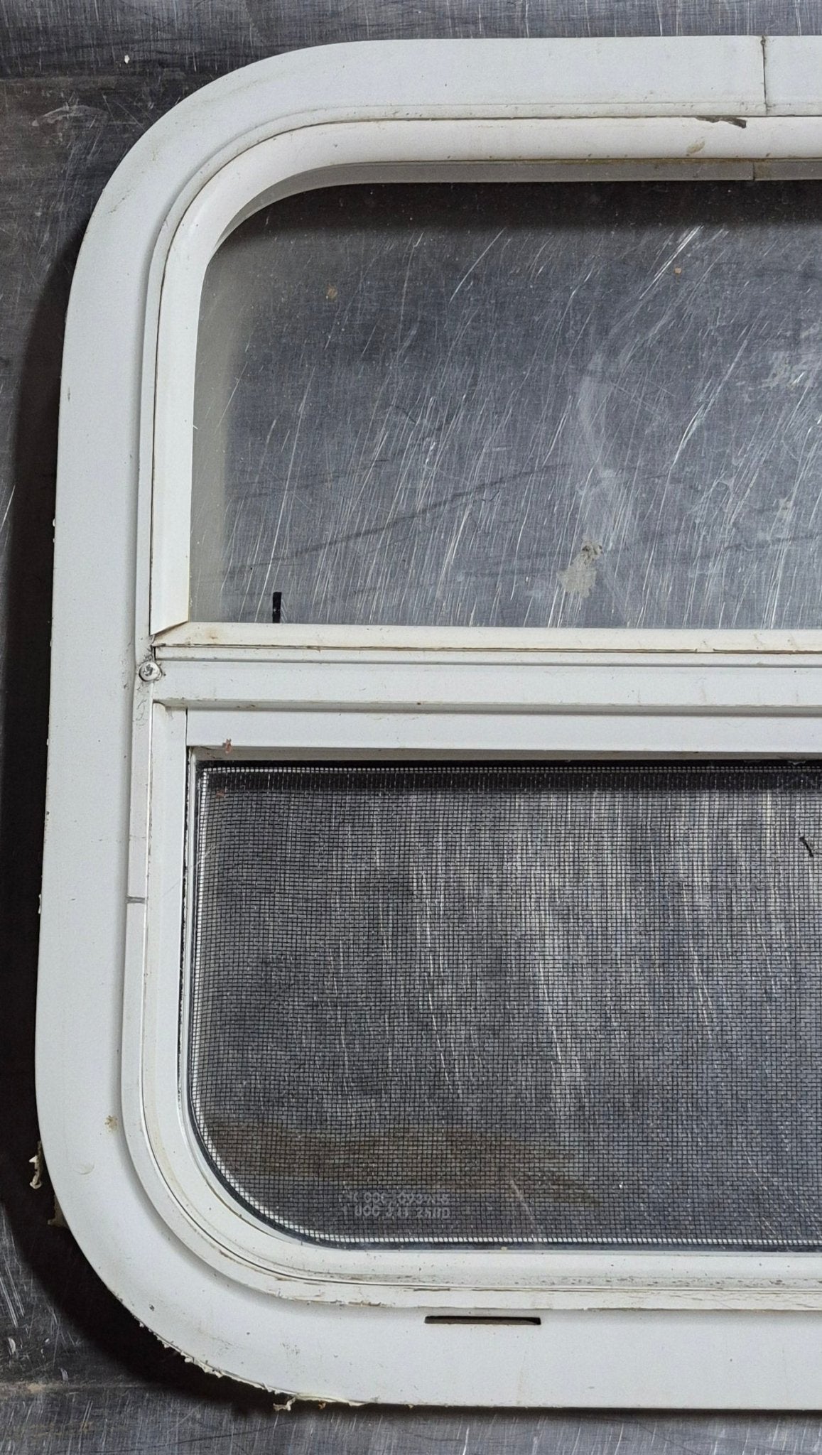 Used White Radius Opening Window : 17 1/2" W x 17 1/2" H x 1 1/8" D - Young Farts RV Parts