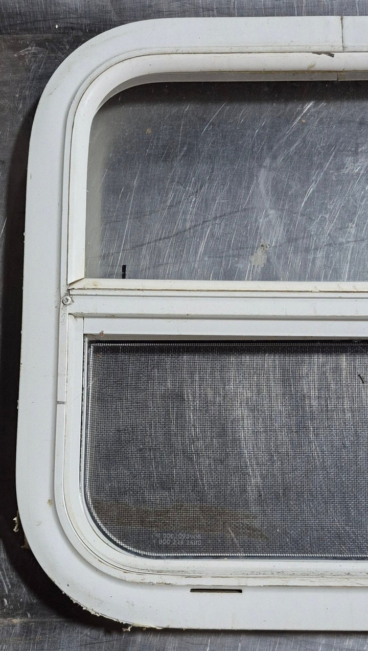 Used White Radius Opening Window : 17 1/2" W x 17 1/2" H x 1 1/8" D - Young Farts RV Parts