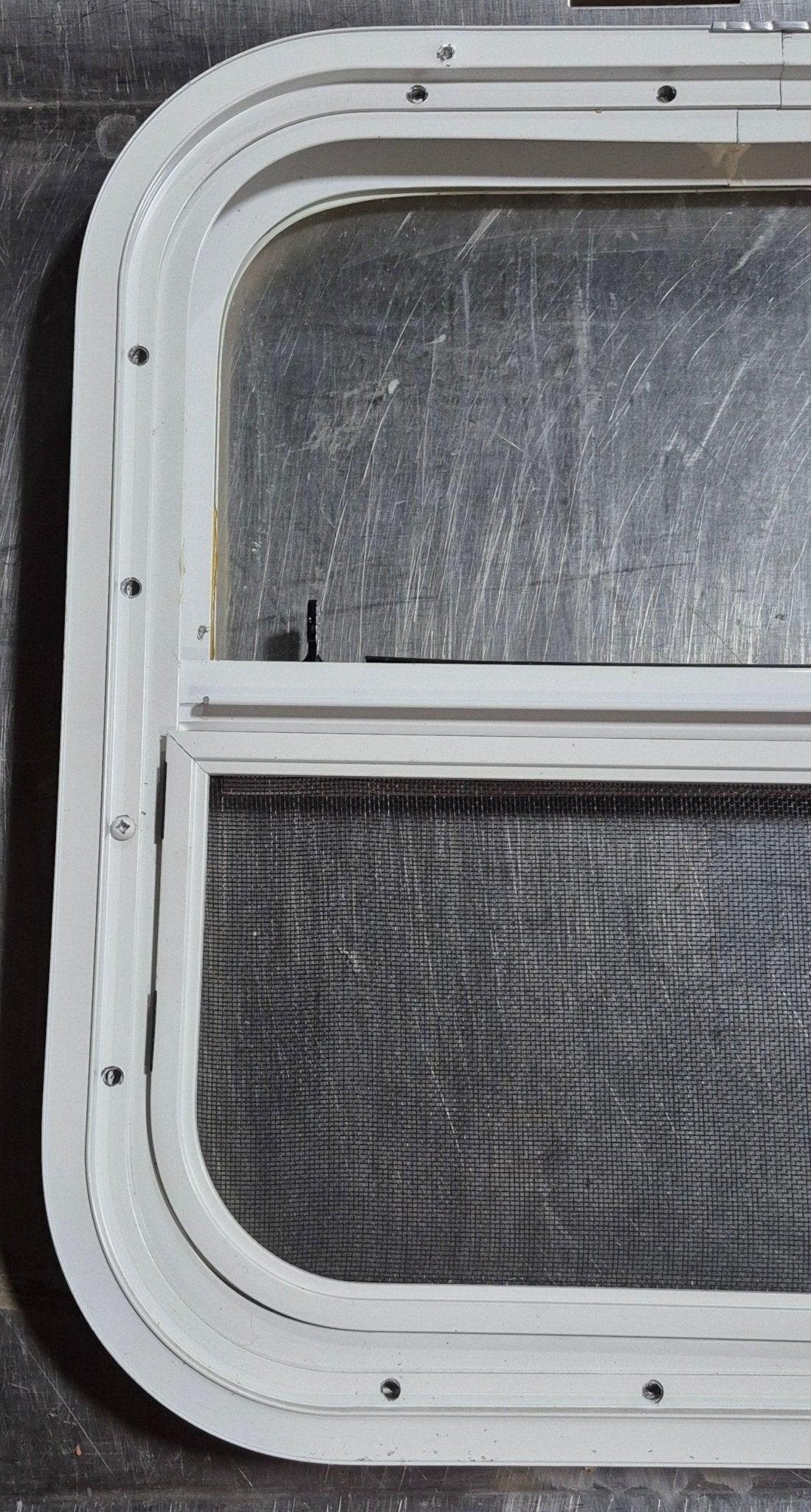 Used White Radius Opening Window : 17 1/2" W x 17 1/2" H x 1 1/8" D - Young Farts RV Parts