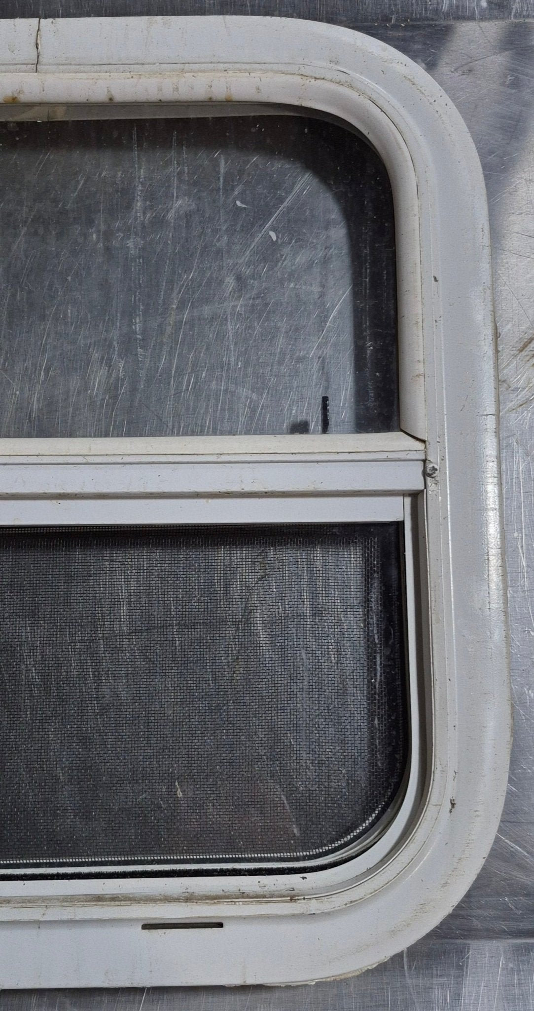 Used White Radius Opening Window : 17 1/2" W x 17 1/2" H x 1 1/8" D - Young Farts RV Parts