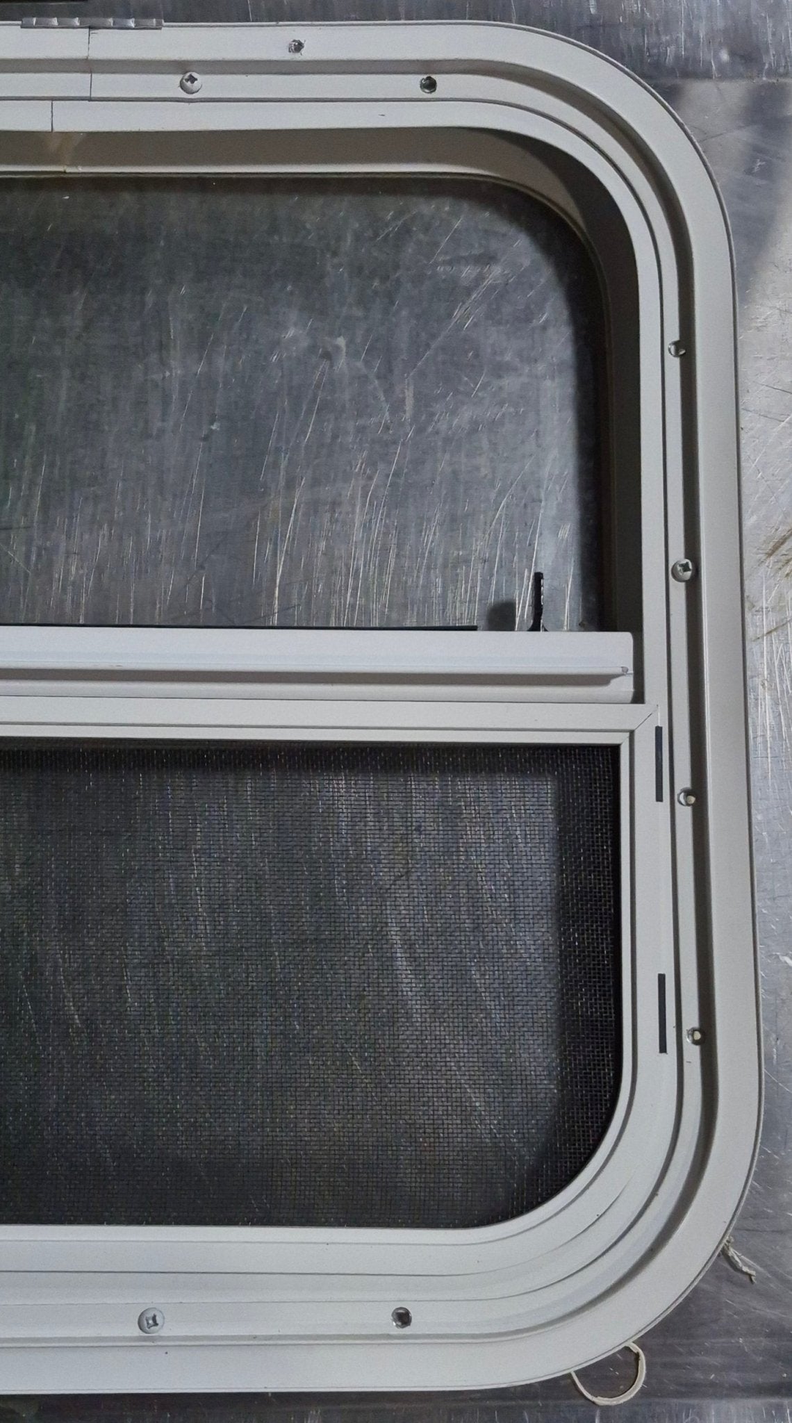 Used White Radius Opening Window : 17 1/2" W x 17 1/2" H x 1 1/8" D - Young Farts RV Parts