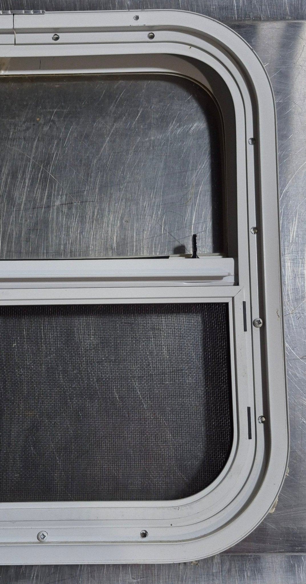 Used White Radius Opening Window : 17 1/2" W x 17 1/2" H x 1 1/8" D - Young Farts RV Parts