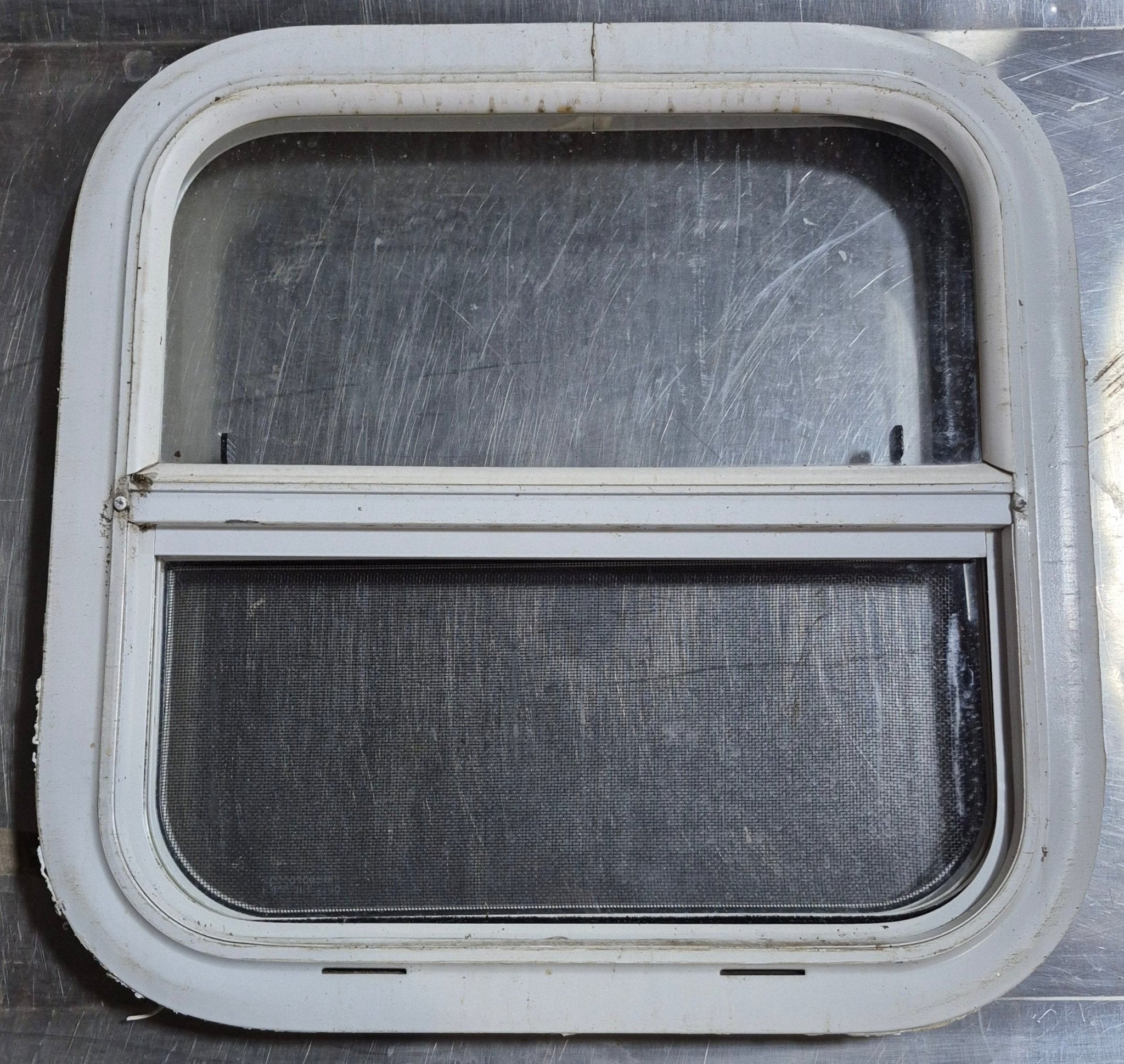 Used White Radius Opening Window : 17 1/2" W x 17 1/2" H x 1 1/8" D - Young Farts RV Parts