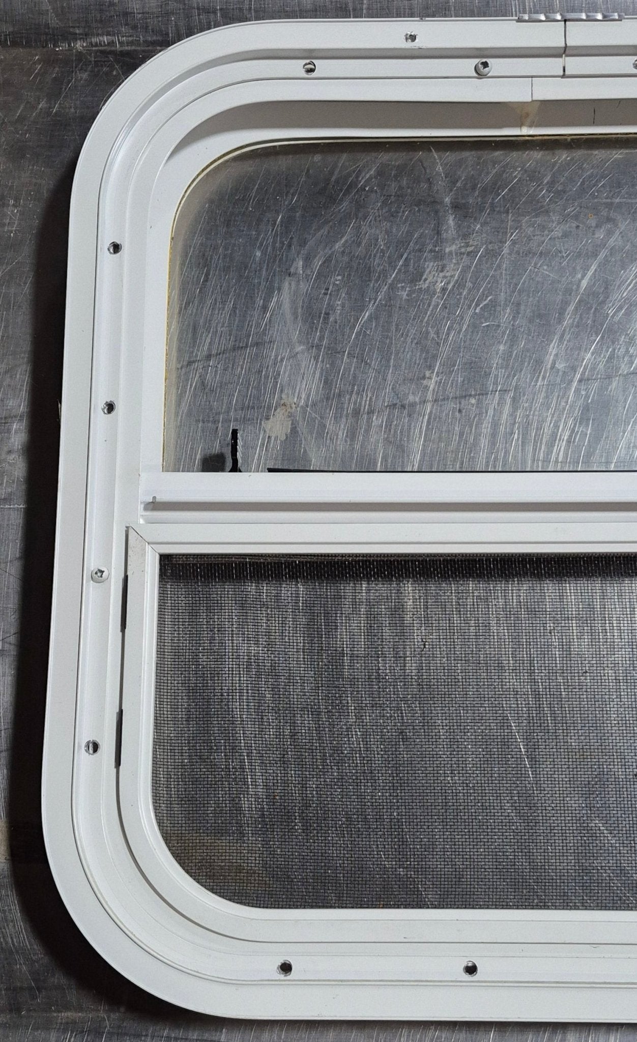 Used White Radius Opening Window : 17 1/2" W x 17 1/2" H x 1 1/8" D - Young Farts RV Parts