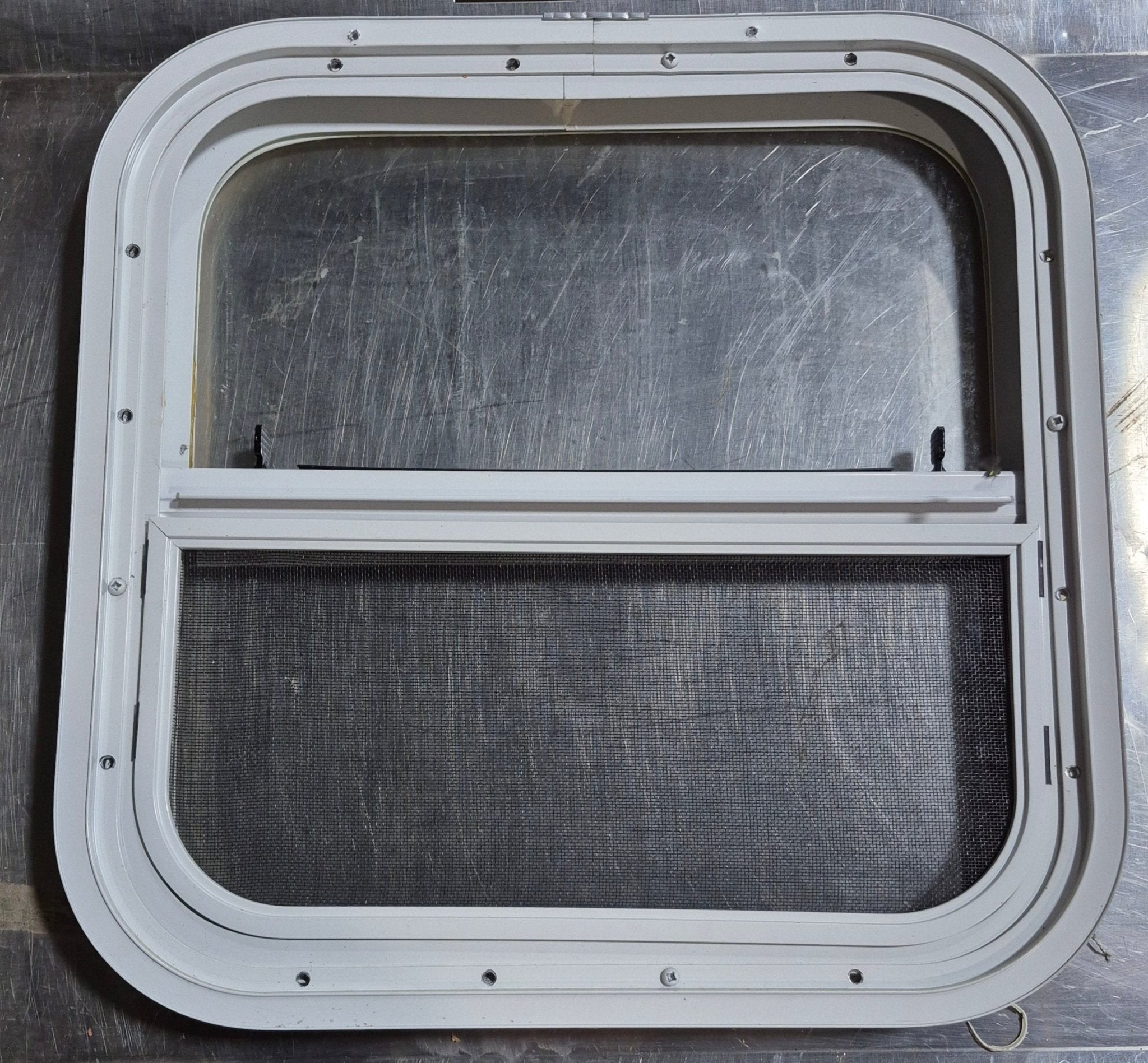 Used White Radius Opening Window : 17 1/2" W x 17 1/2" H x 1 1/8" D - Young Farts RV Parts