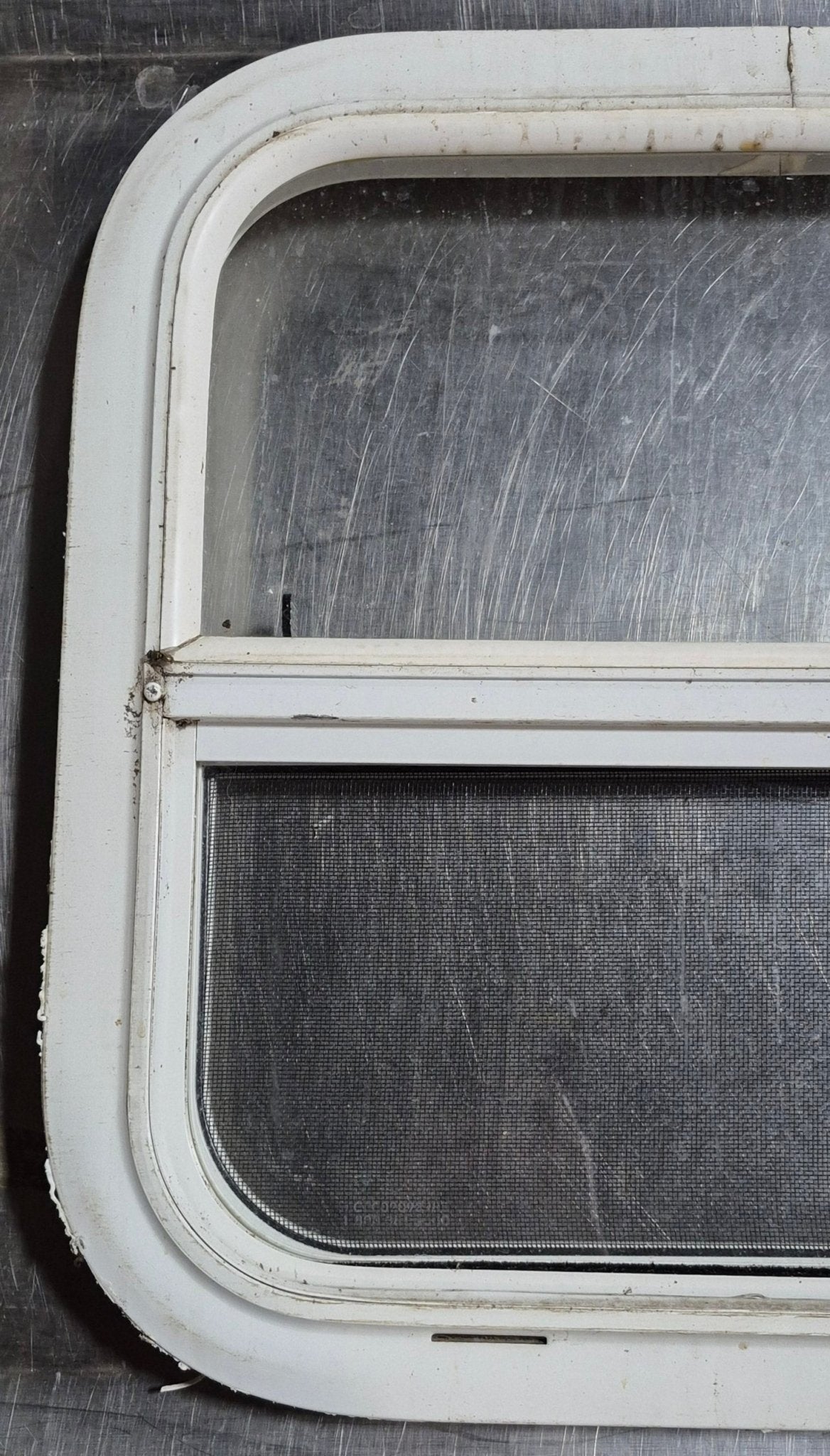 Used White Radius Opening Window : 17 1/2" W x 17 1/2" H x 1 1/8" D - Young Farts RV Parts