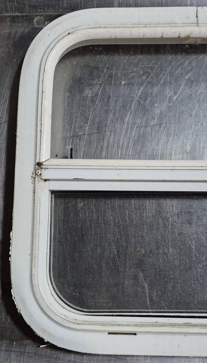 Used White Radius Opening Window : 17 1/2" W x 17 1/2" H x 1 1/8" D - Young Farts RV Parts