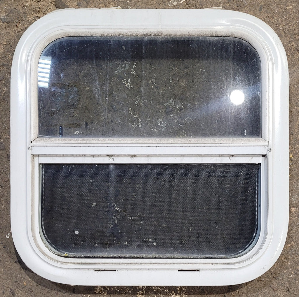 Used White Radius Opening Window : 17 1/2" W x 17 1/2" H x 1 7/8" D - Young Farts RV Parts