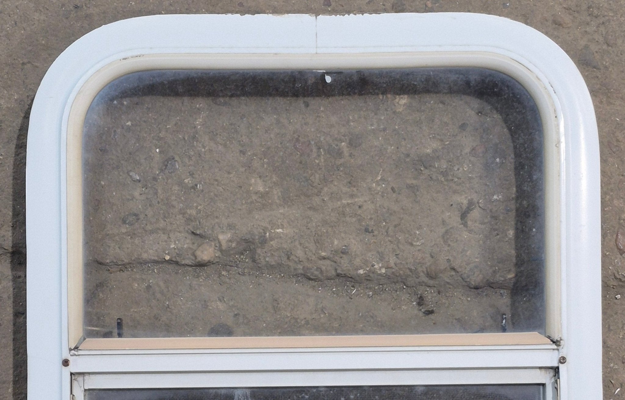 Used White Radius Opening Window : 17 1/2" W x 21 1/4" H x 1 7/8" D - Young Farts RV Parts