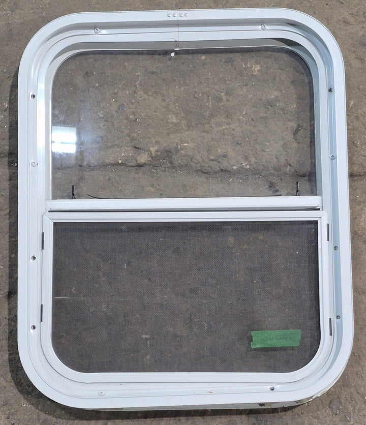 Used White Radius Opening Window : 17 1/2" W x 21 1/4" H x 1 7/8" D - Young Farts RV Parts