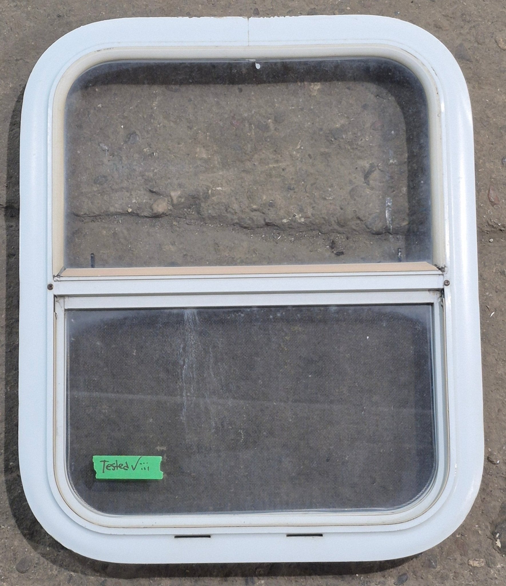Used White Radius Opening Window : 17 1/2" W x 21 1/4" H x 1 7/8" D - Young Farts RV Parts