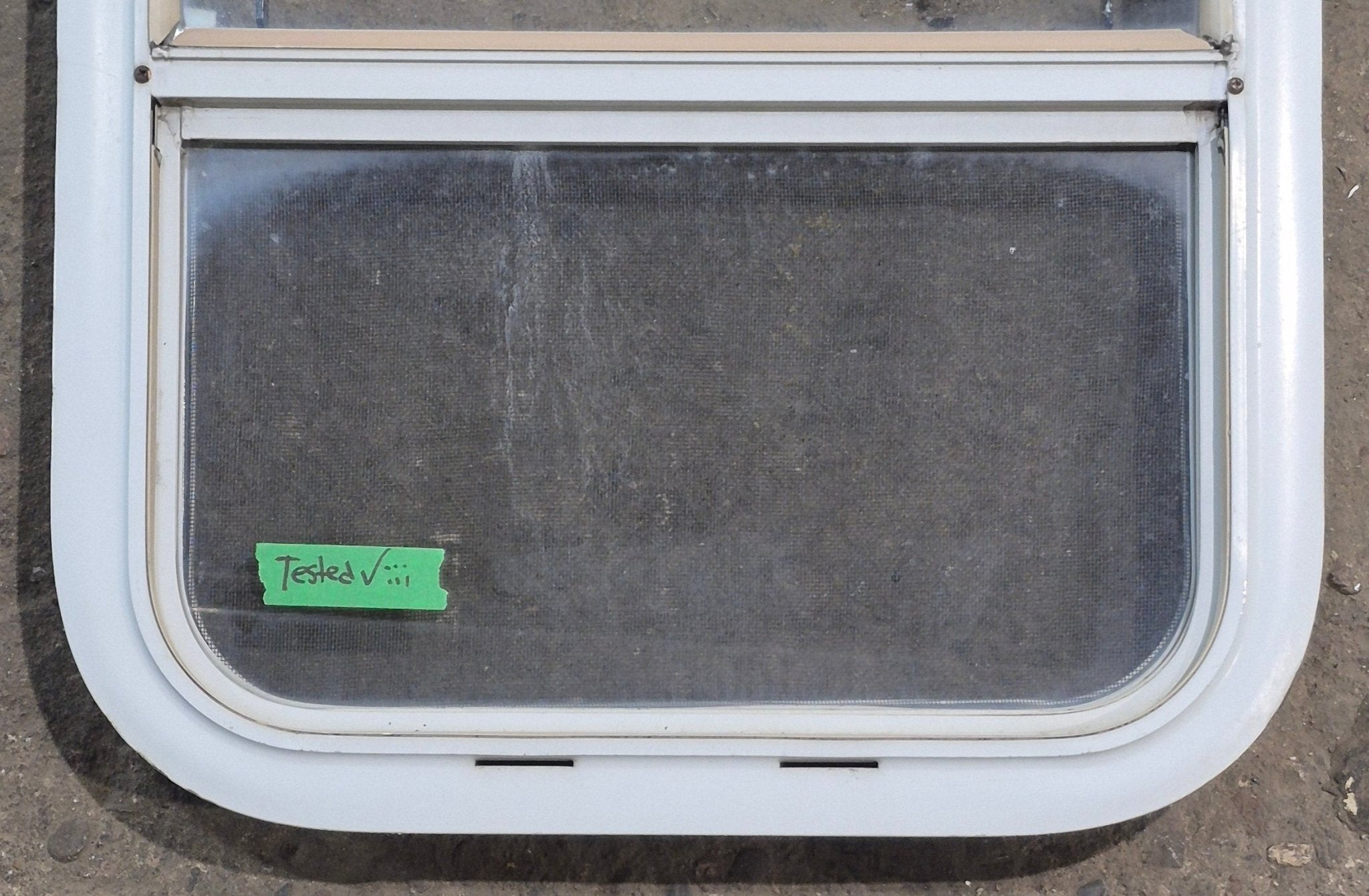Used White Radius Opening Window : 17 1/2" W x 21 1/4" H x 1 7/8" D - Young Farts RV Parts