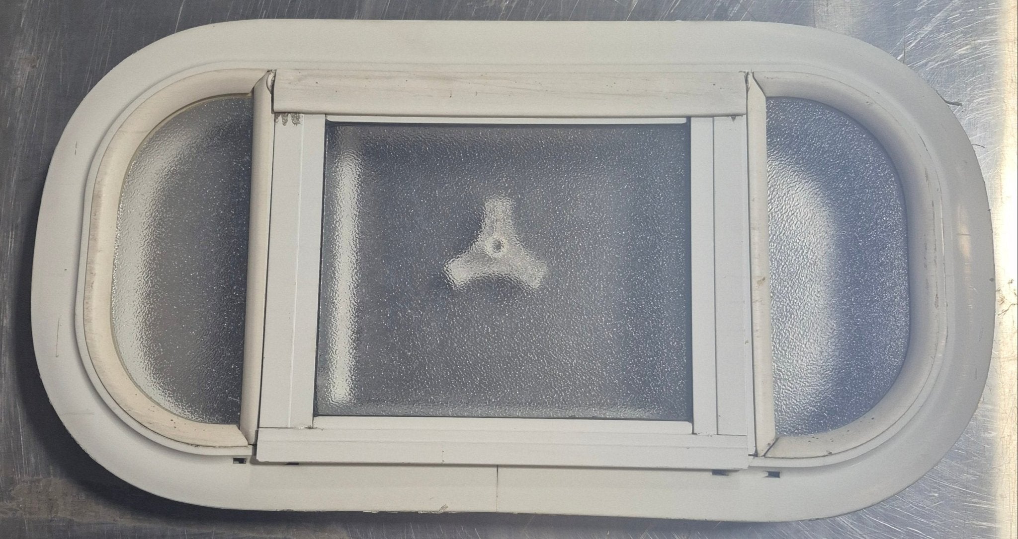 Used White Radius Opening Window : 17 1/2" W x 8 1/2" H x 1 1/8" D - Young Farts RV Parts