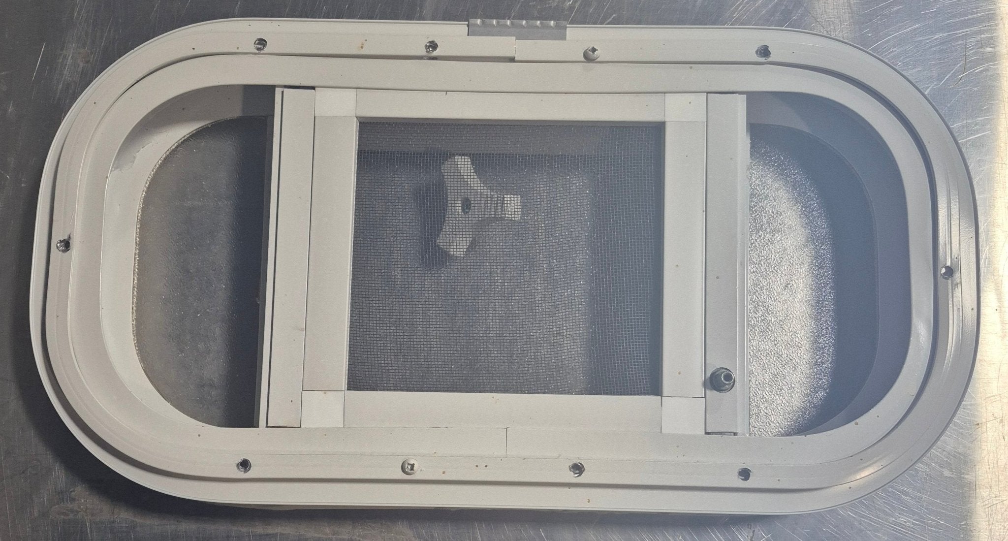 Used White Radius Opening Window : 17 1/2" W x 8 1/2" H x 1 1/8" D - Young Farts RV Parts