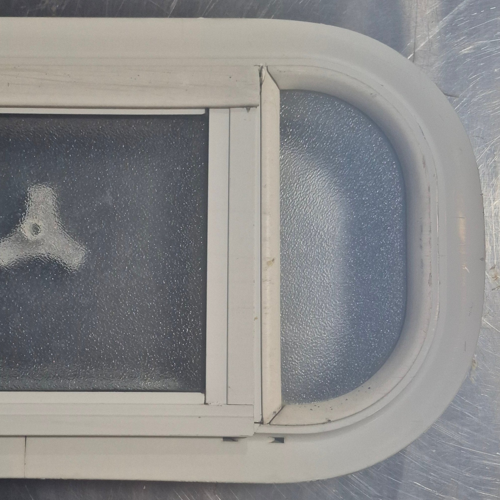 Used White Radius Opening Window : 17 1/2" W x 8 1/2" H x 1 1/8" D - Young Farts RV Parts