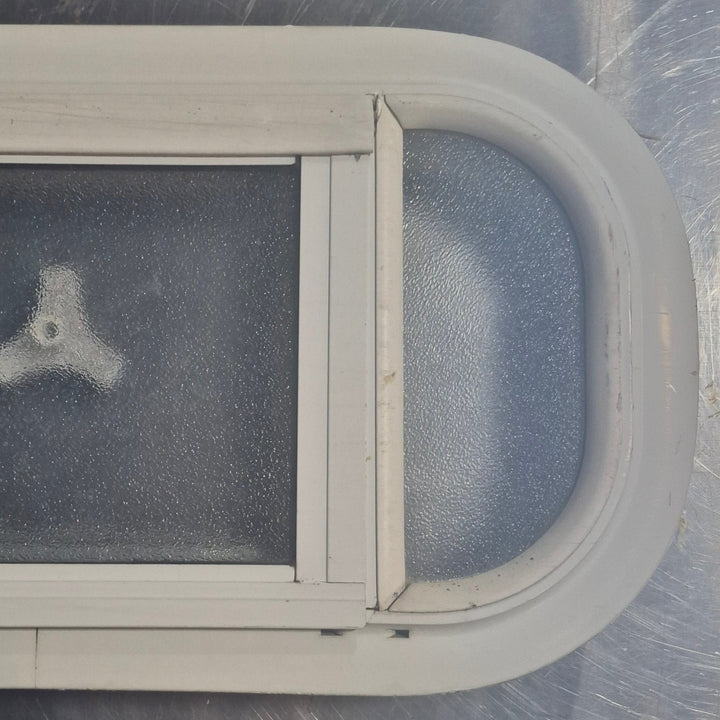 Used White Radius Opening Window : 17 1/2" W x 8 1/2" H x 1 1/8" D - Young Farts RV Parts